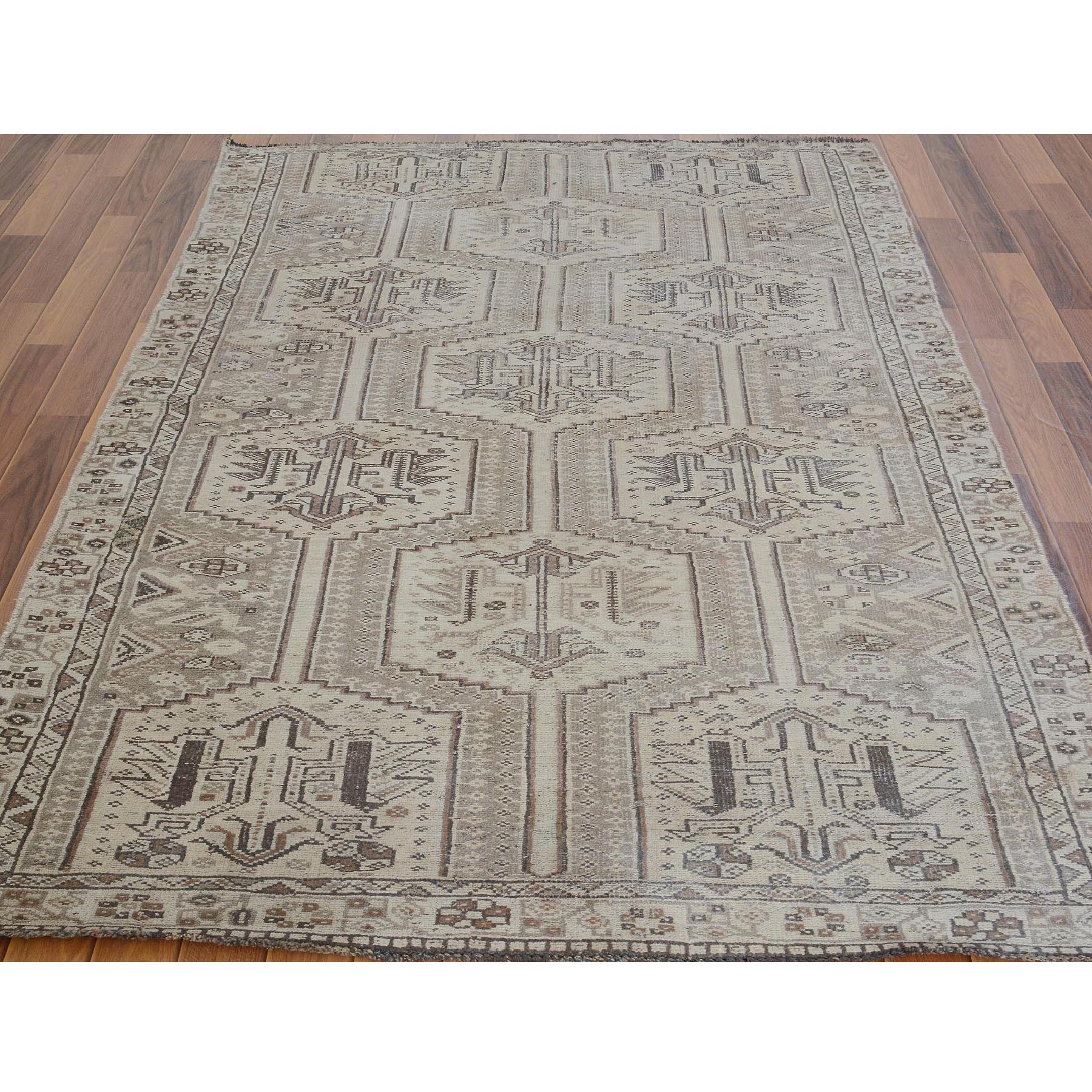4-9 x7-4  Earth Tones Colors Vintage And Worn Down Persian Shiraz Hand Knotted Oriental Rug 