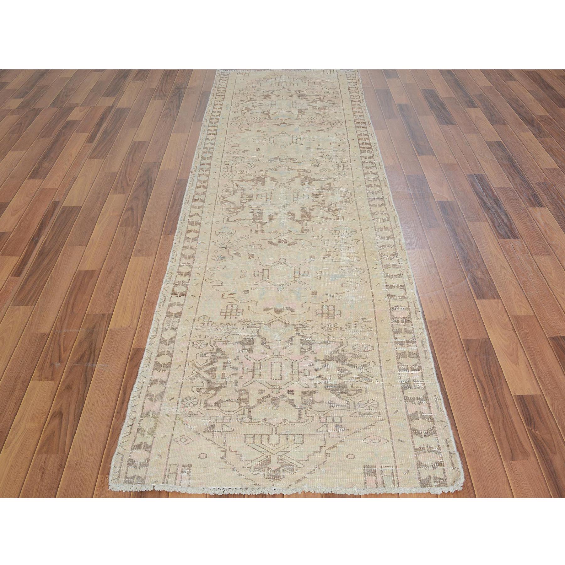 3-x9-9  Natural Colors Old And Worn Down Persian Heriz Runner Pure Wool Hand Knotted Oriental Rug 
