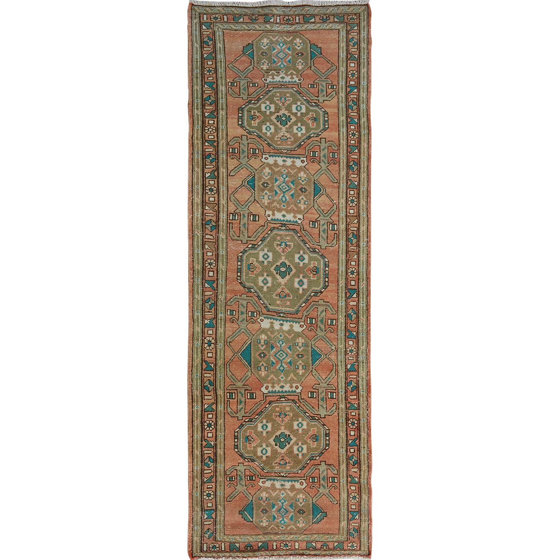 3'3"X9'9" Coral Old And Worn Down Persian Heriz Hand Knotted Runner Oriental Rug moae7ad0
