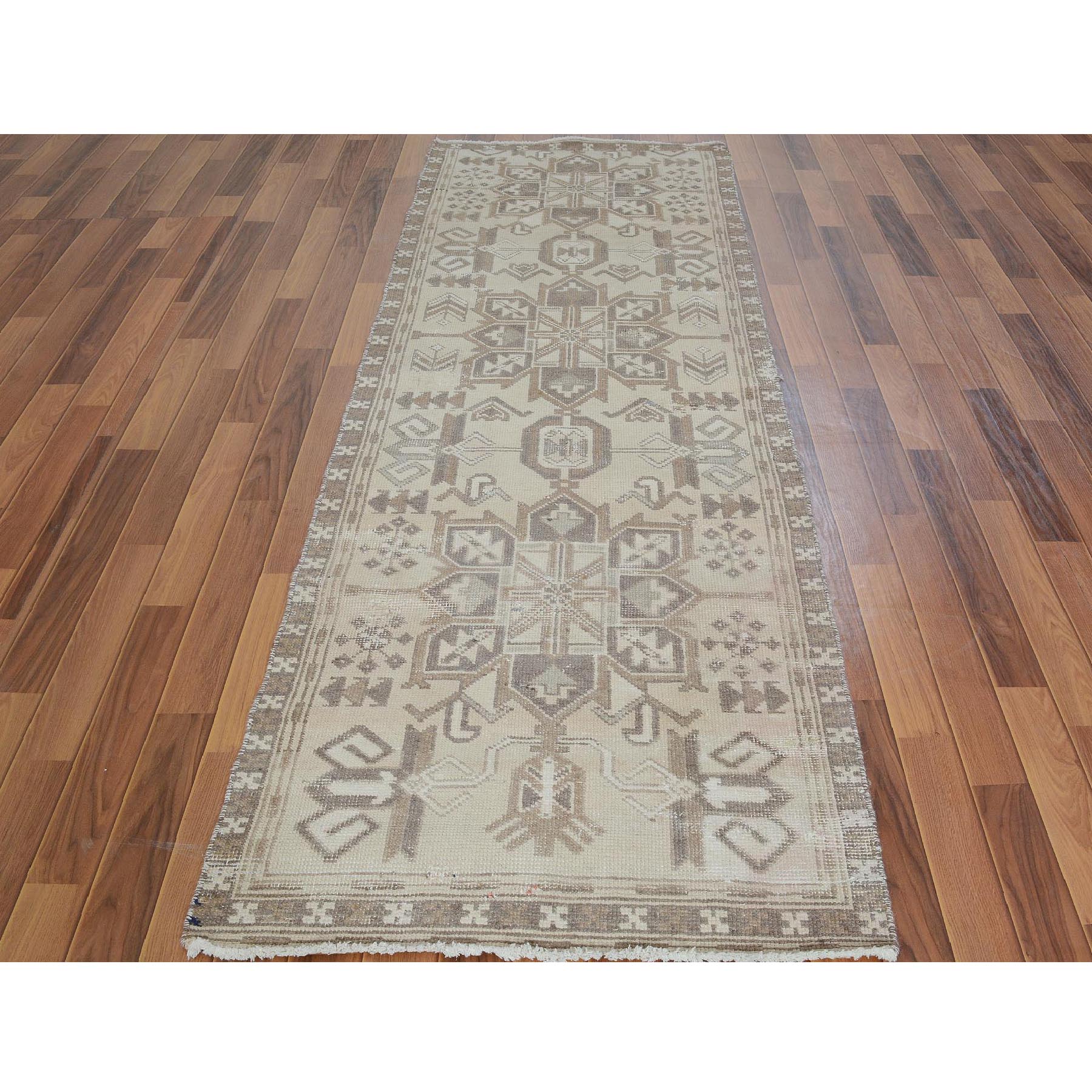 3-x9-1  Natural Colors Old And Worn Down Persian Heriz Hand Knotted Runner Oriental Rug 