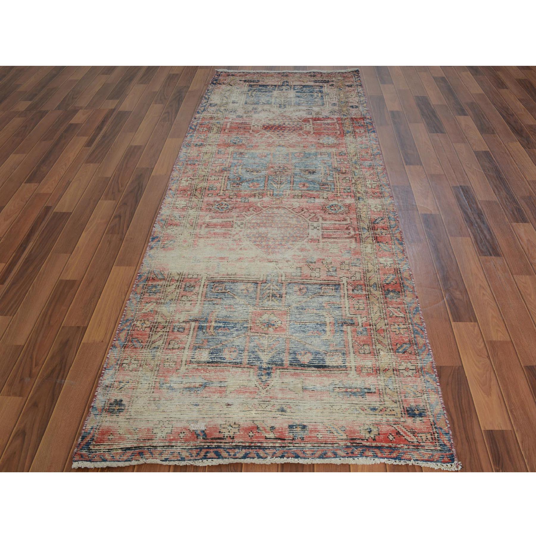 3-4 x9-6  Coral Vintage And Worn Down Persian Heriz Hand Knotted Runner Oriental Rug 