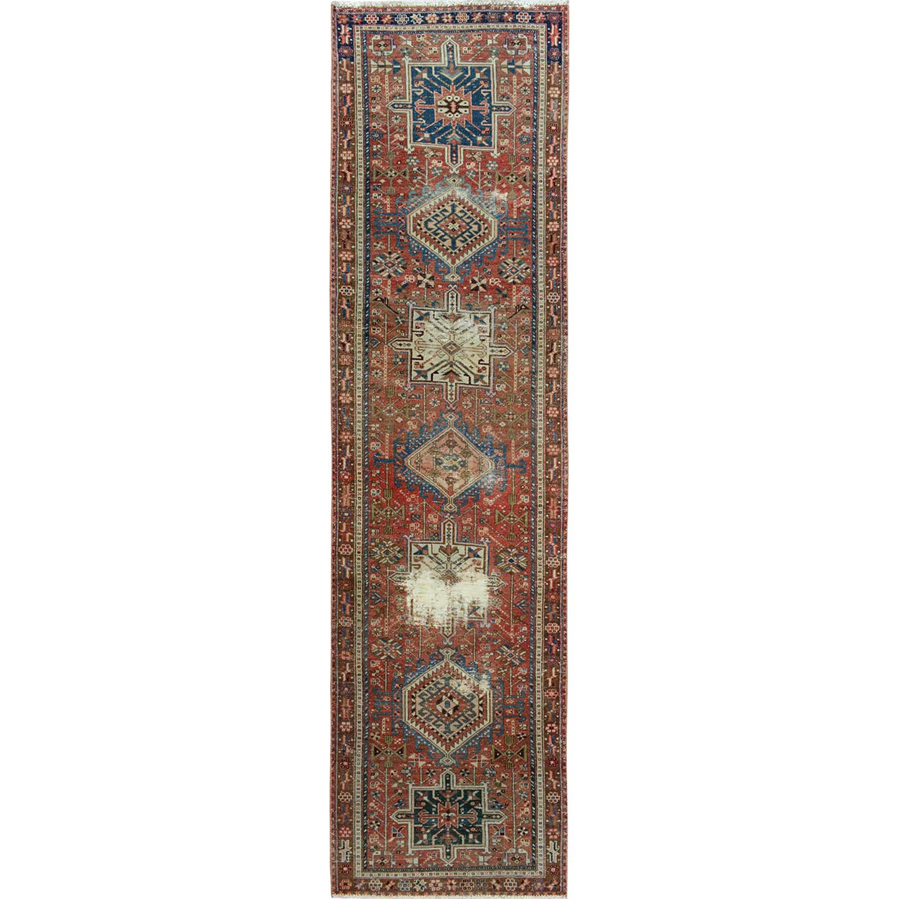 3'X10'8" Red Old And Worn Down Karajeh Hand Knotted Runner Oriental Rug moae7a60
