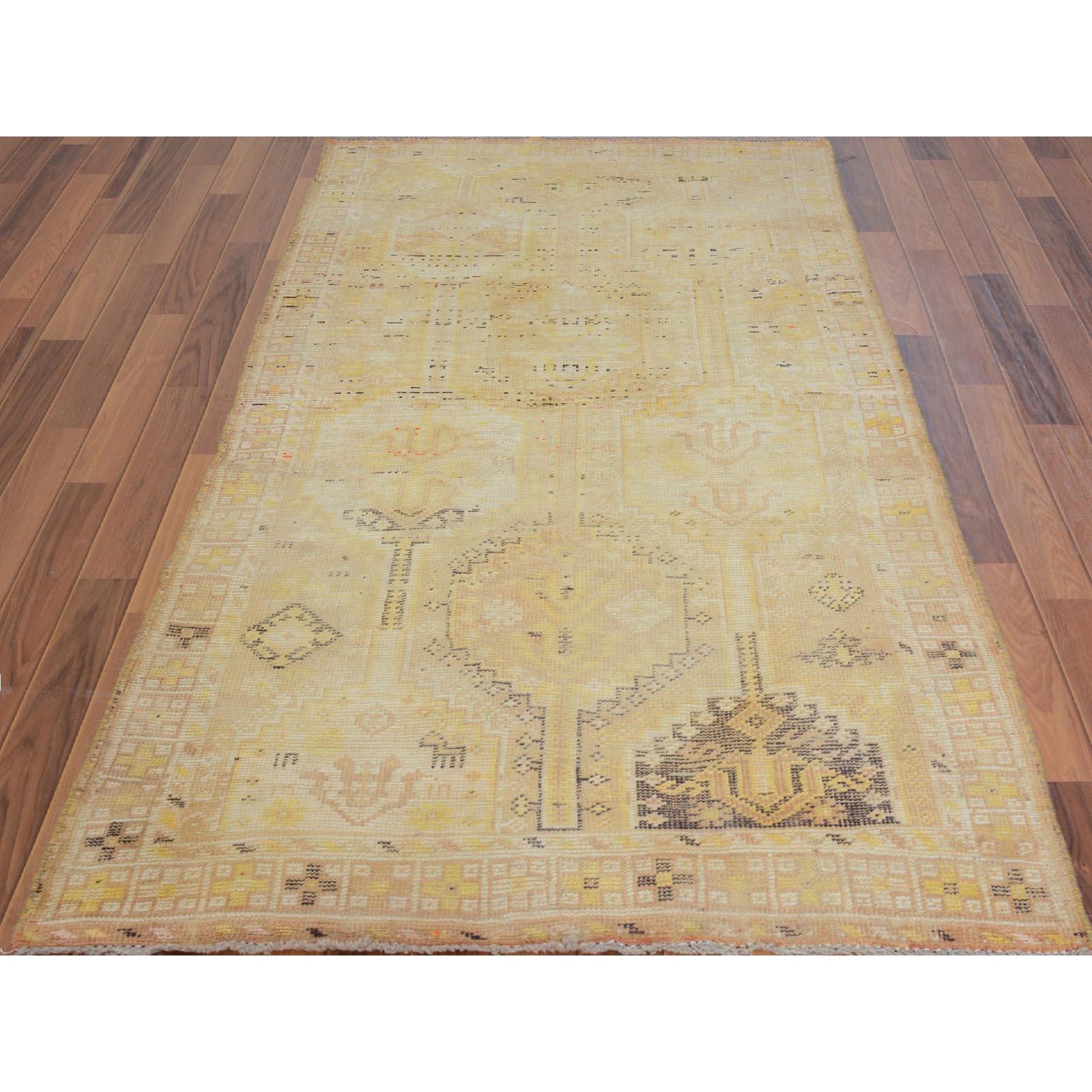 3-10 x7-2  Yellow Worn Down Persian Shiraz Pure Wool Wide Runner Hand Knotted Oriental Rug 