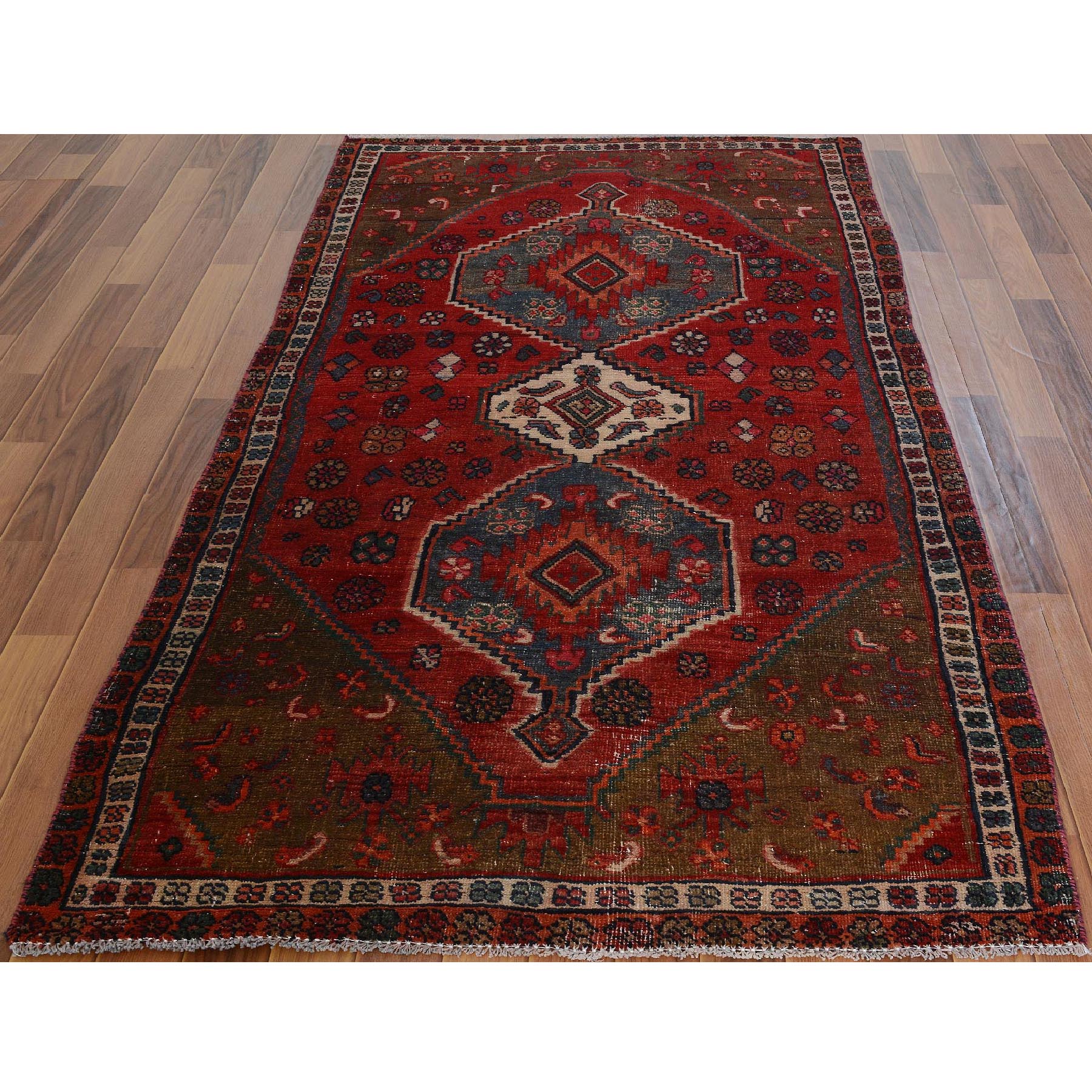 4-x7-3  Red Vintage And Worn Down Persian Afshar Wide Runner Pure Wool Hand Knotted Oriental Rug 