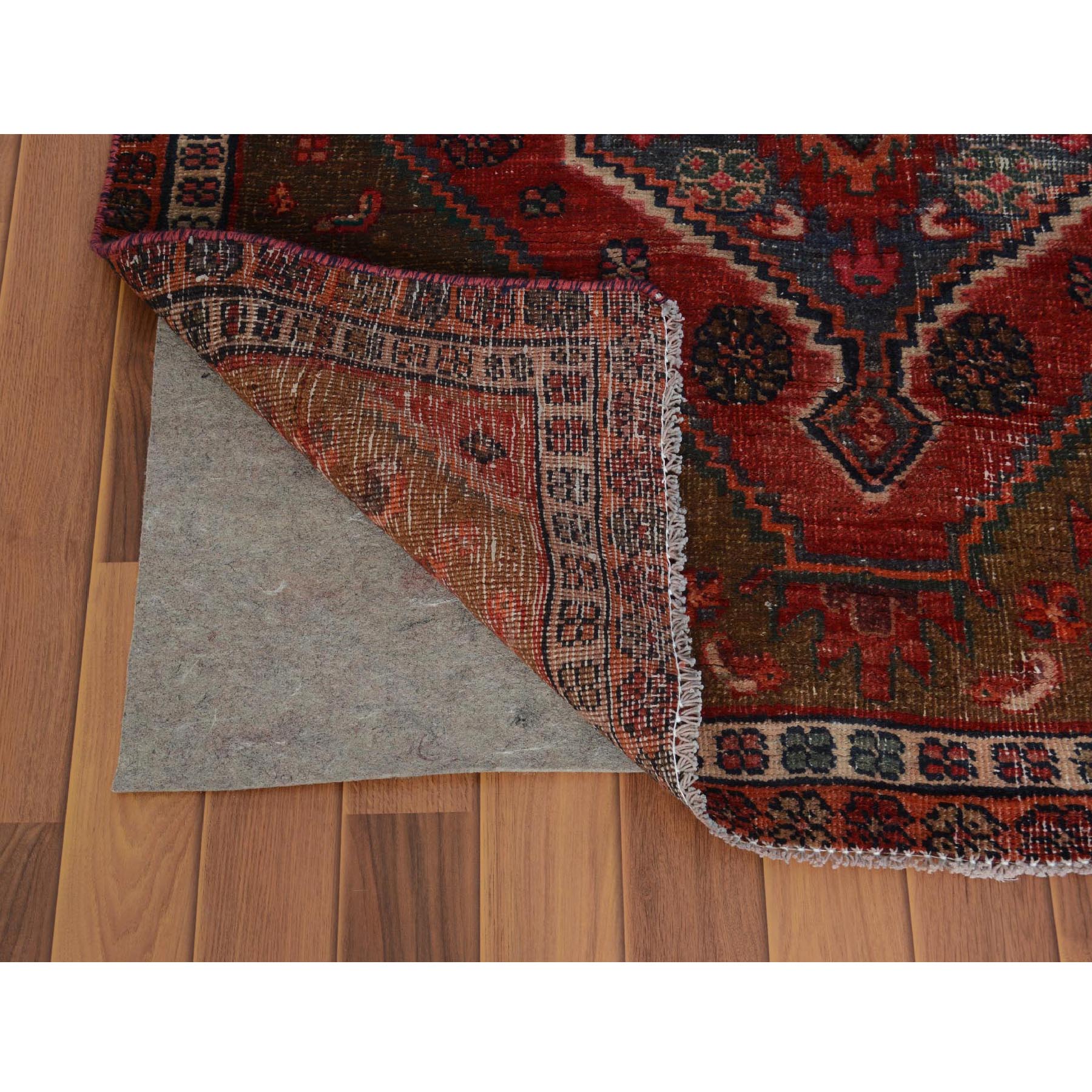 4-x7-3  Red Vintage And Worn Down Persian Afshar Wide Runner Pure Wool Hand Knotted Oriental Rug 