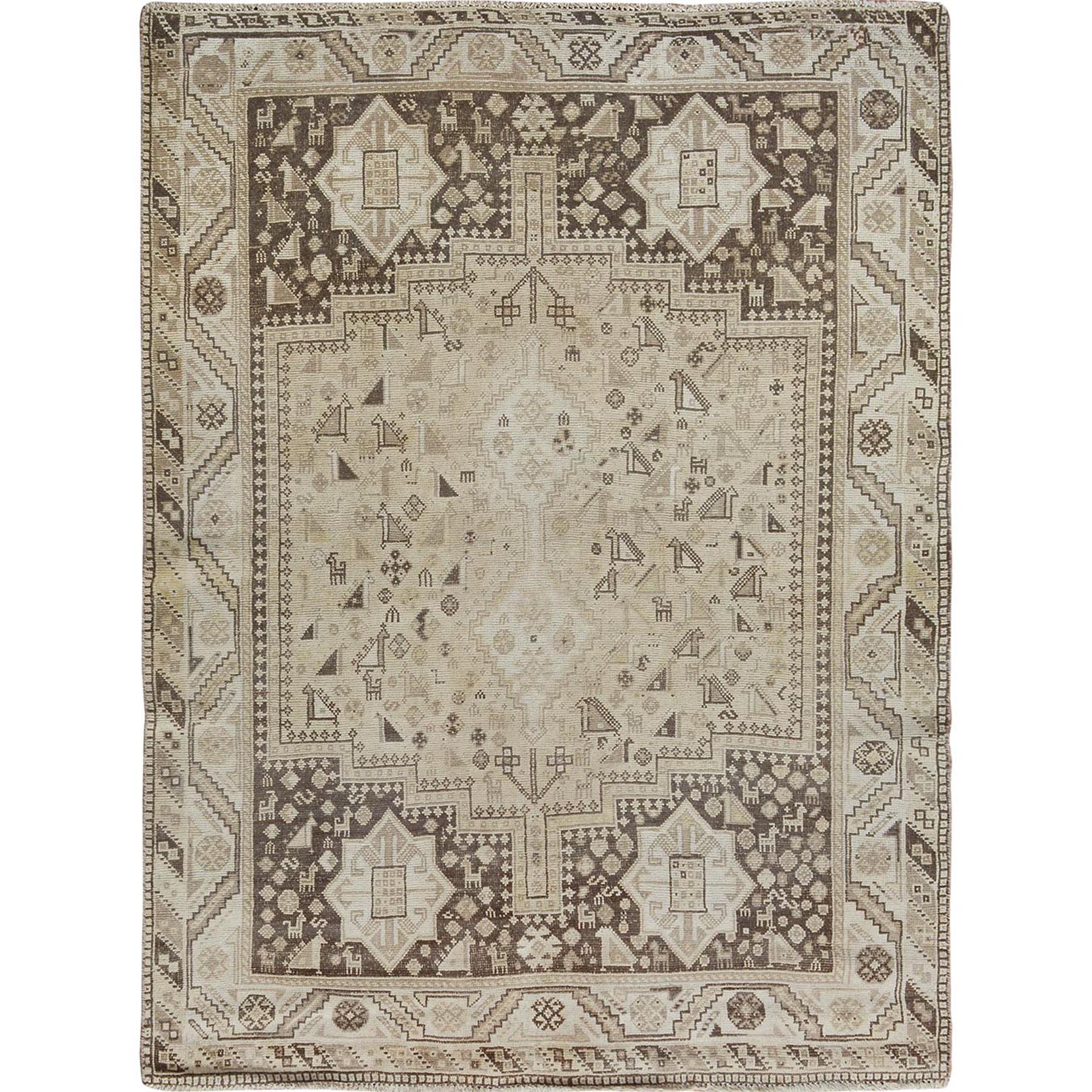 5'5"X6'9" Beige Old And Worn Down Persian Qashqai Pure Wool Hand Knotted Oriental Rug moae7bba