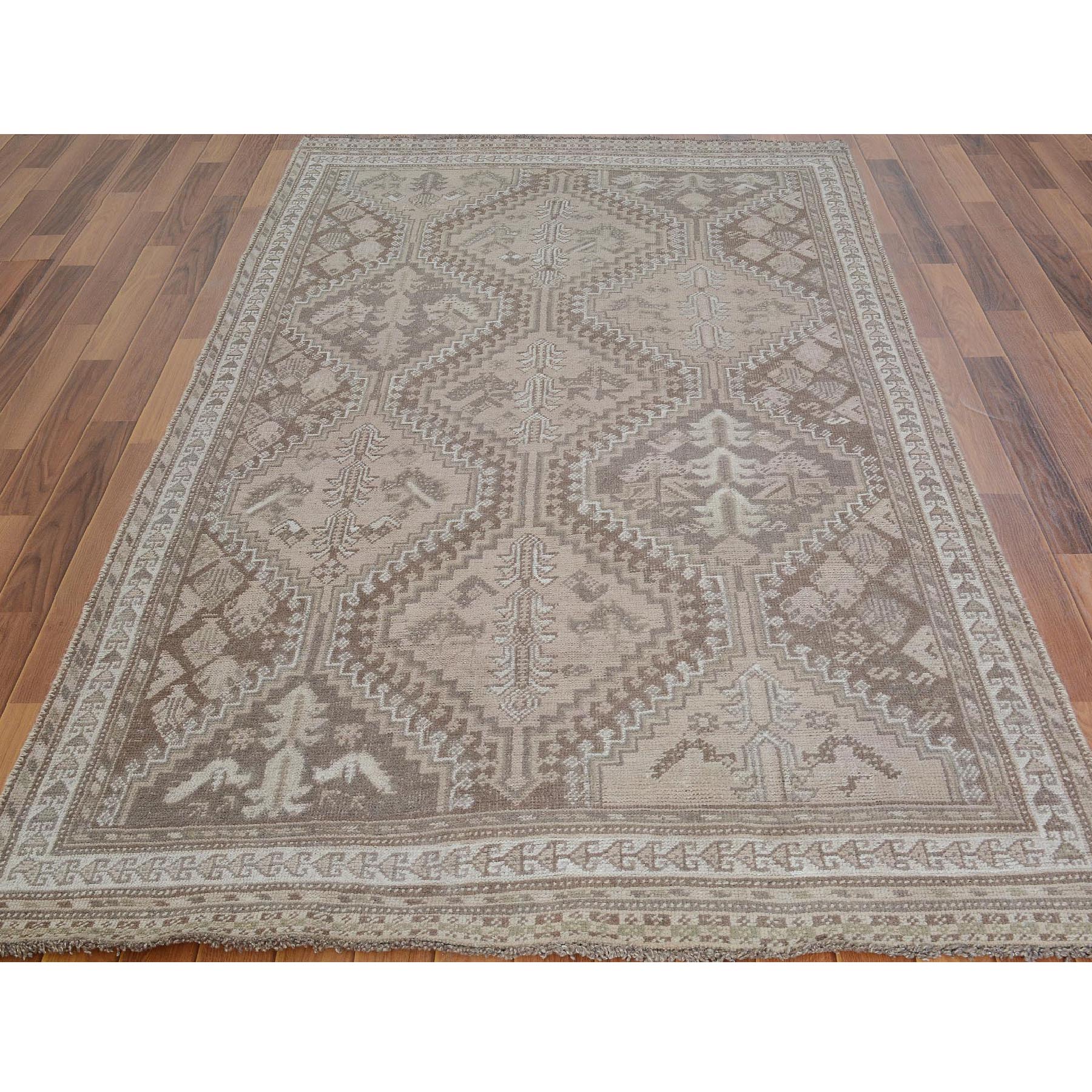 4-9 x8-6  Earth Tone Colors Vintage And Worn Down Persian Qashqai Pure Wool Hand Knotted Oriental Rug 