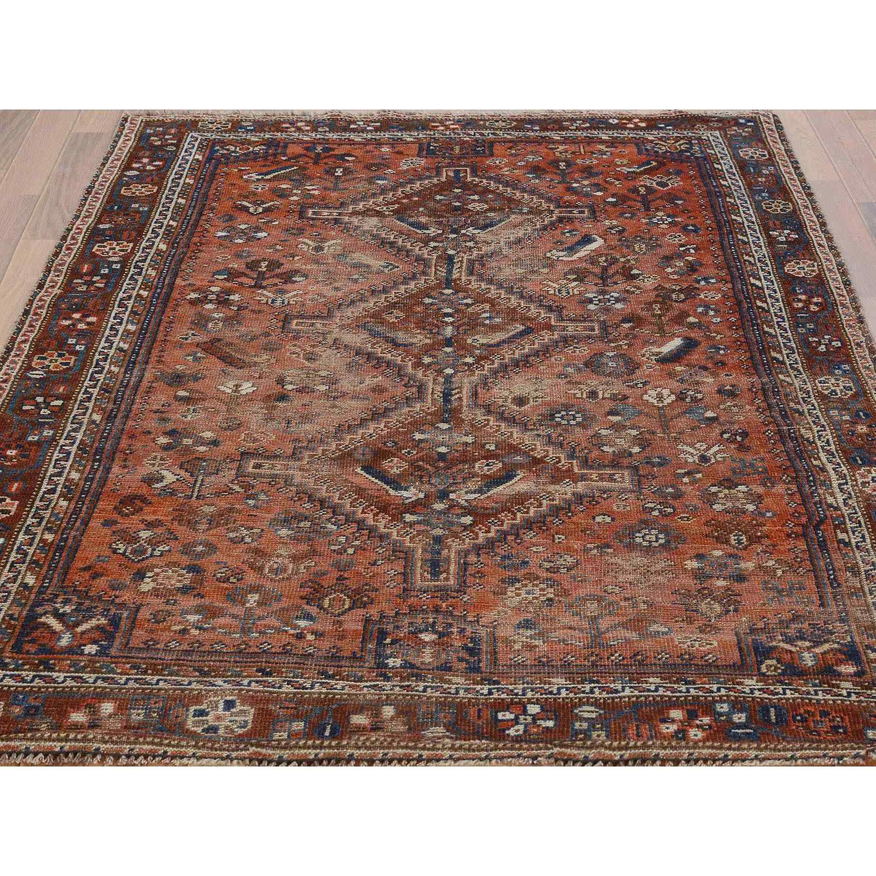 4-8 x6-6  Red Old And Worn Down Persian Shiraz Pure Wool Hand Knotted Oriental Rug 