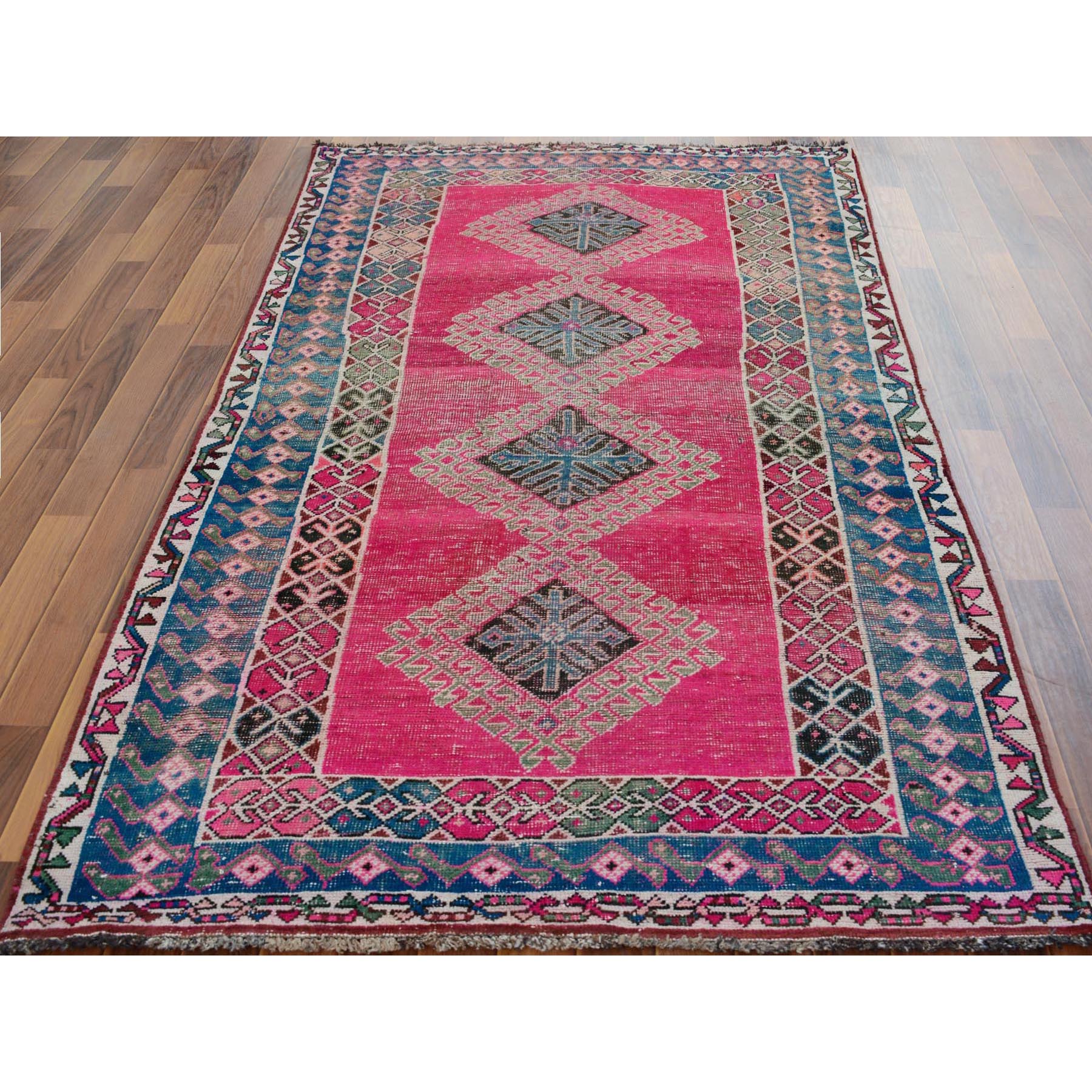4-5 x8- Colorful Vintage And Worn Down Persian Shiraz Pure Wool Oriental Rug 