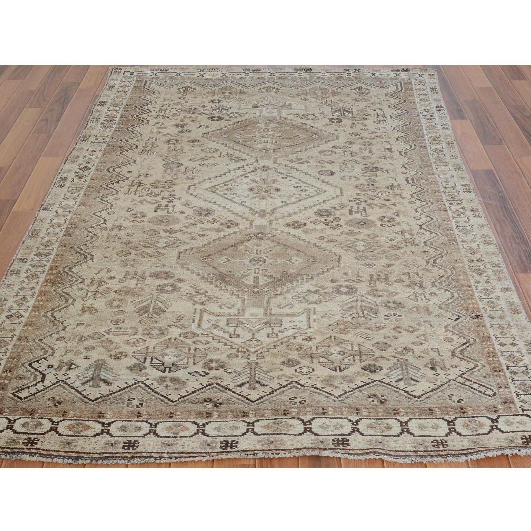 4-10 x7-8  Beige Old And Worn Down Persian Qashqai Pure Wool Hand Knotted Oriental Rug 