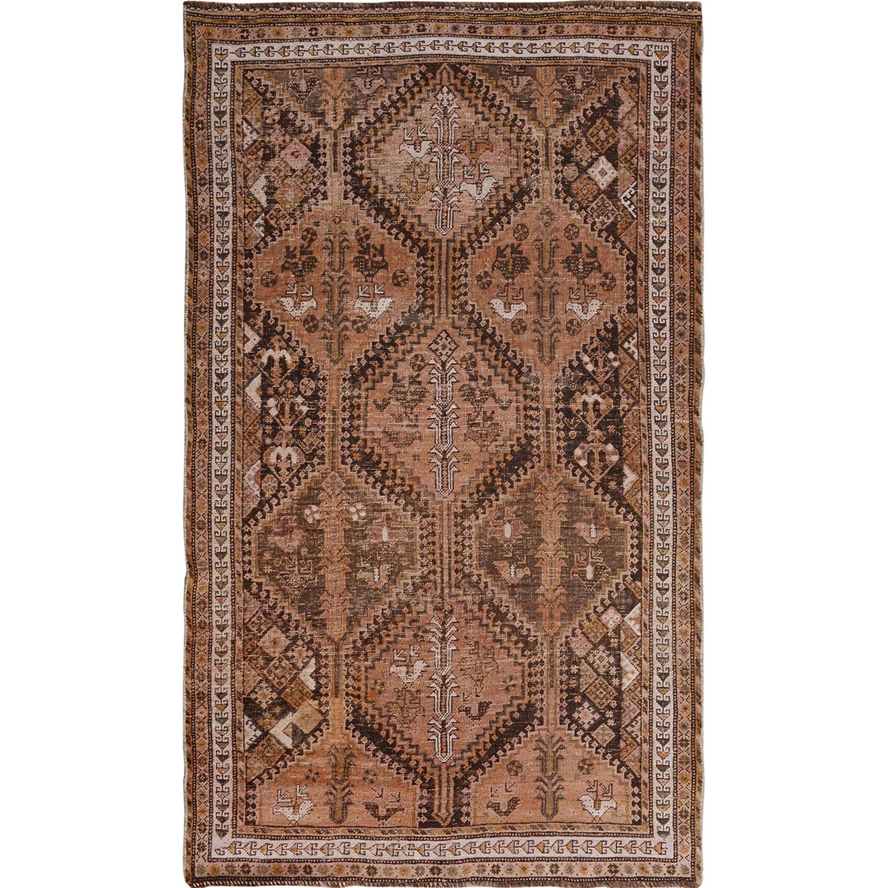 4'9"X8'6" Brown Vintage And Worn Down Persian Qashqai Pure Wool Hand Knotted Oriental Rug moae7bcc