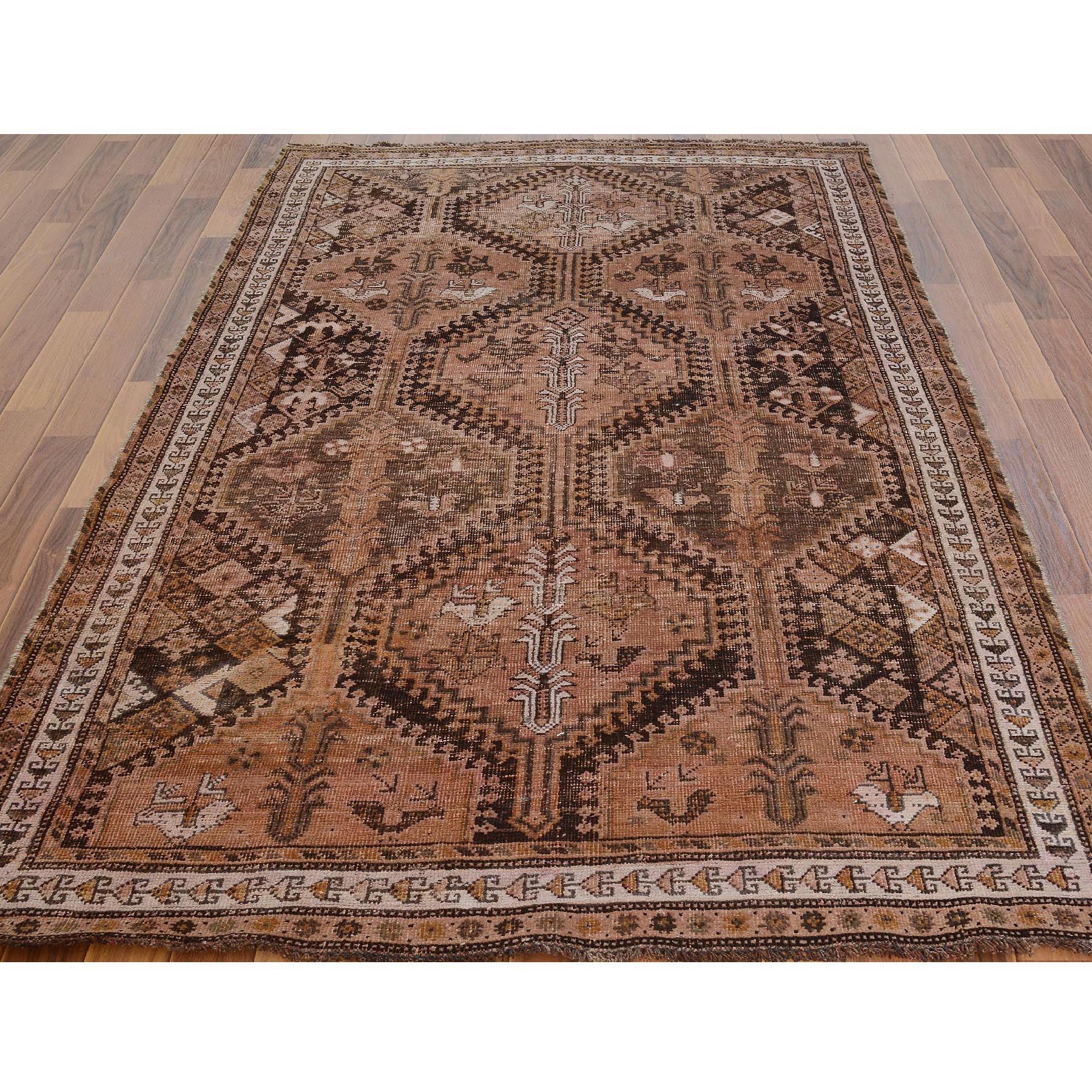 4-9 x8-6  Brown Vintage And Worn Down Persian Qashqai Pure Wool Hand Knotted Oriental Rug 