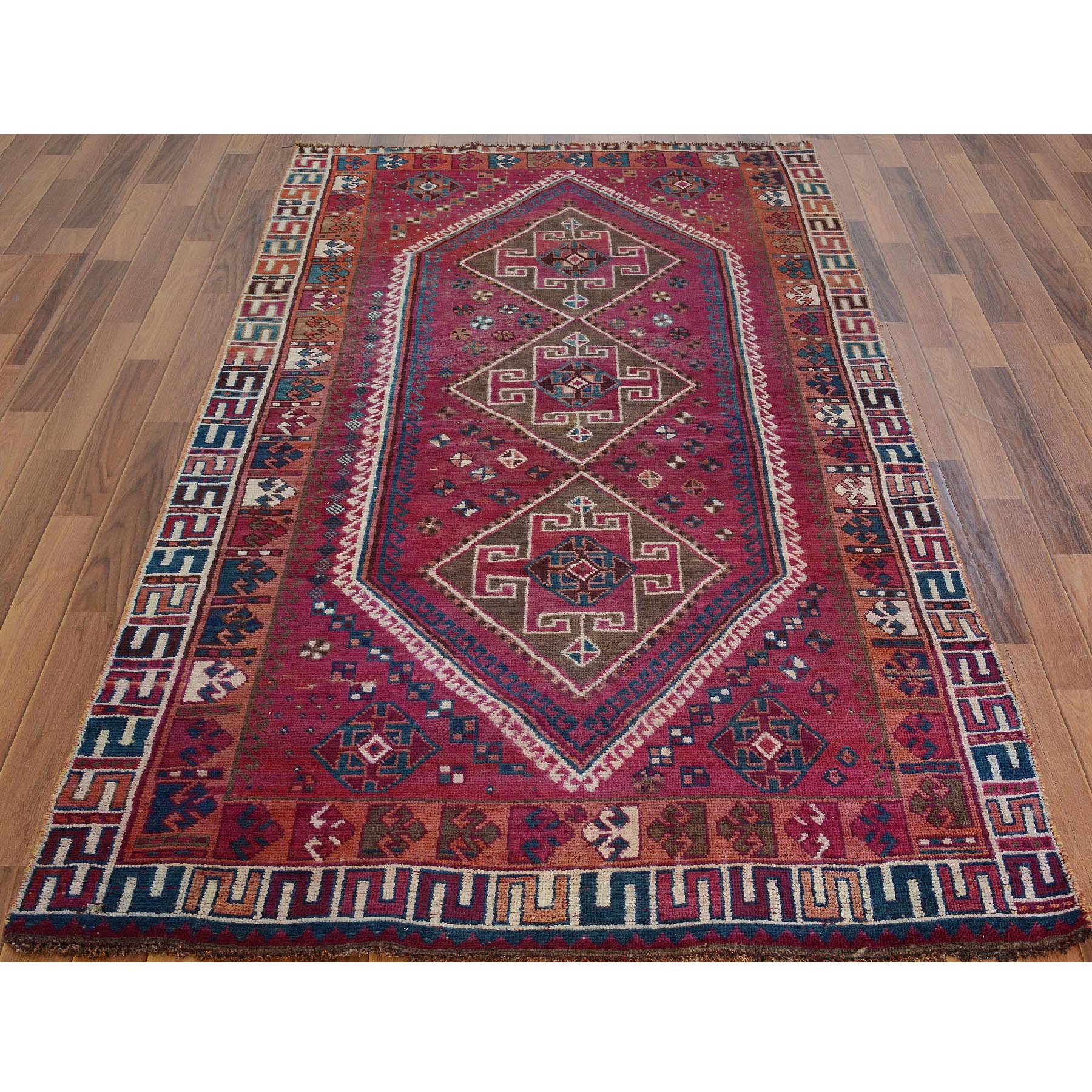 4-7 x8-8  Red Old And Worn Down Persian Shiraz Hand Knotted Oriental Rug 