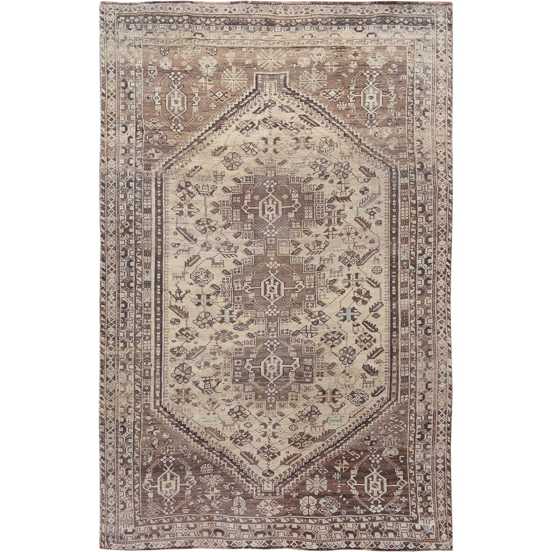 6'4"X8'10" Brown Old And Worn Down Persian Qashqai Pure Wool Hand Knotted Oriental Rug moae7bce