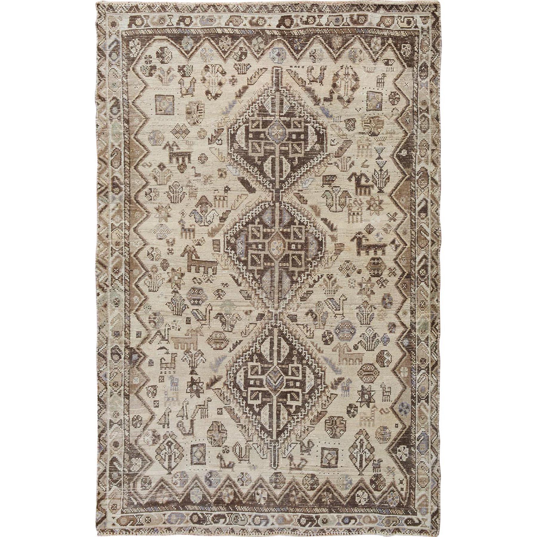 5'2"X7'3" Beige Old And Worn Down Persian Qashqai Pure Wool Hand Knotted Oriental Rug moae7bc8
