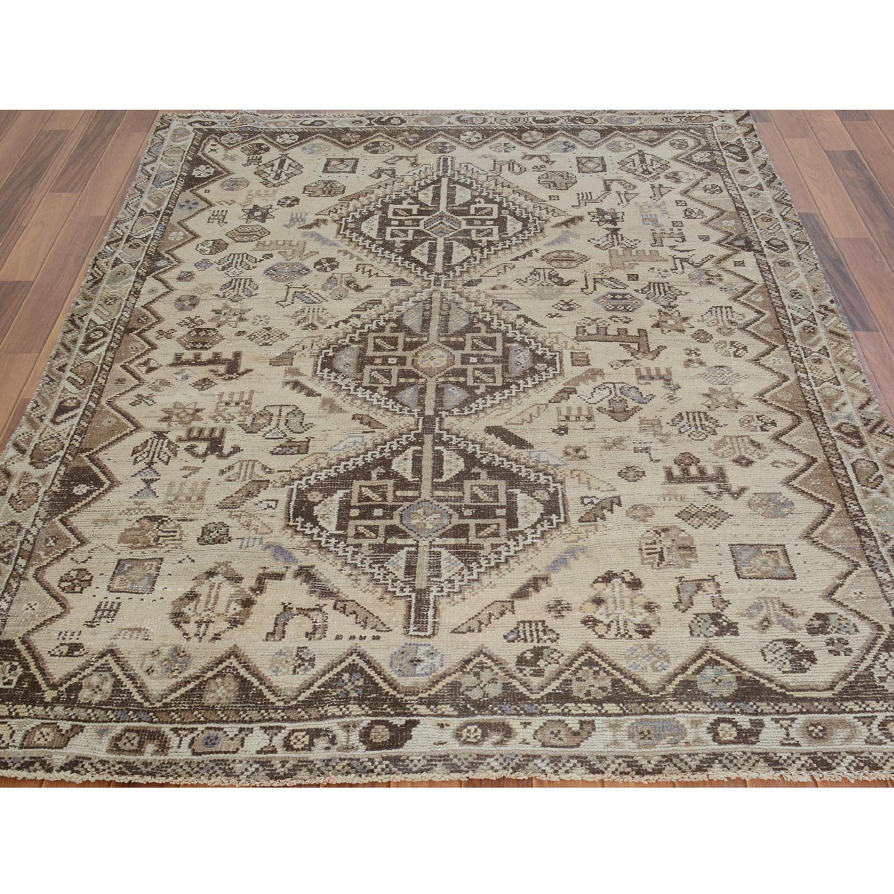 5-2 x7-3  Beige Old and Worn Down Persian Qashqai Pure Wool Hand Knotted Oriental Rug 