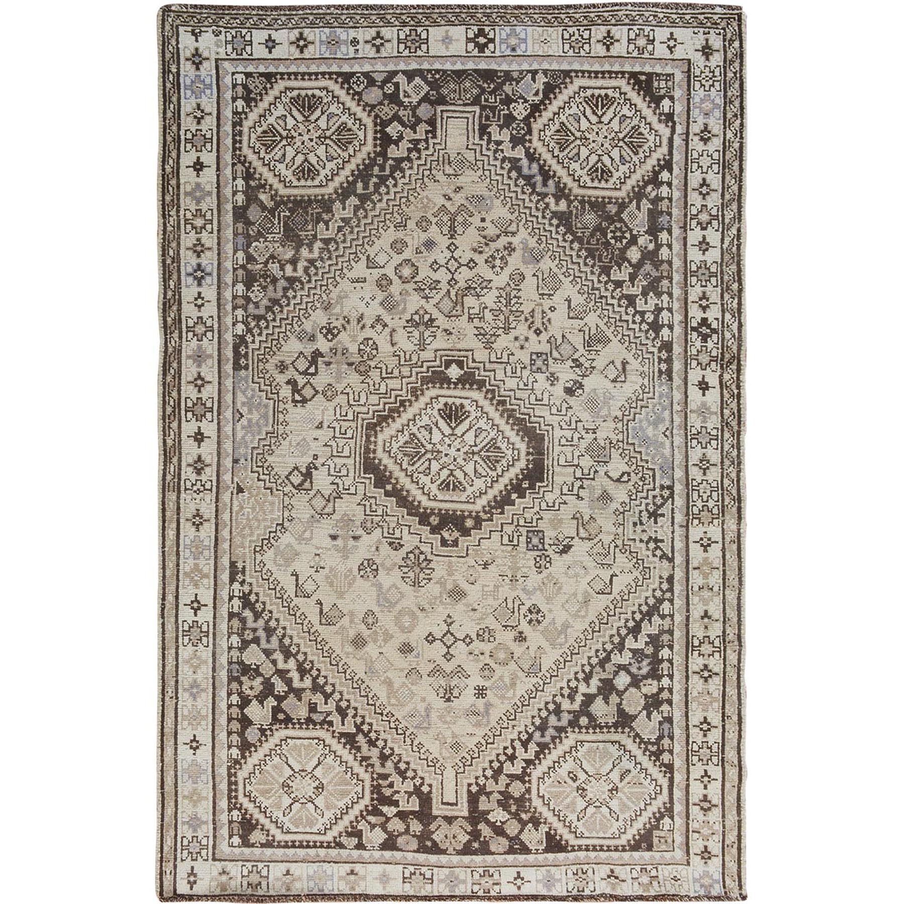 5'2"X8' Beige Worn Down Vintage Persian Shiraz Pure Wool Hand Knotted Oriental Rug moae7bc9