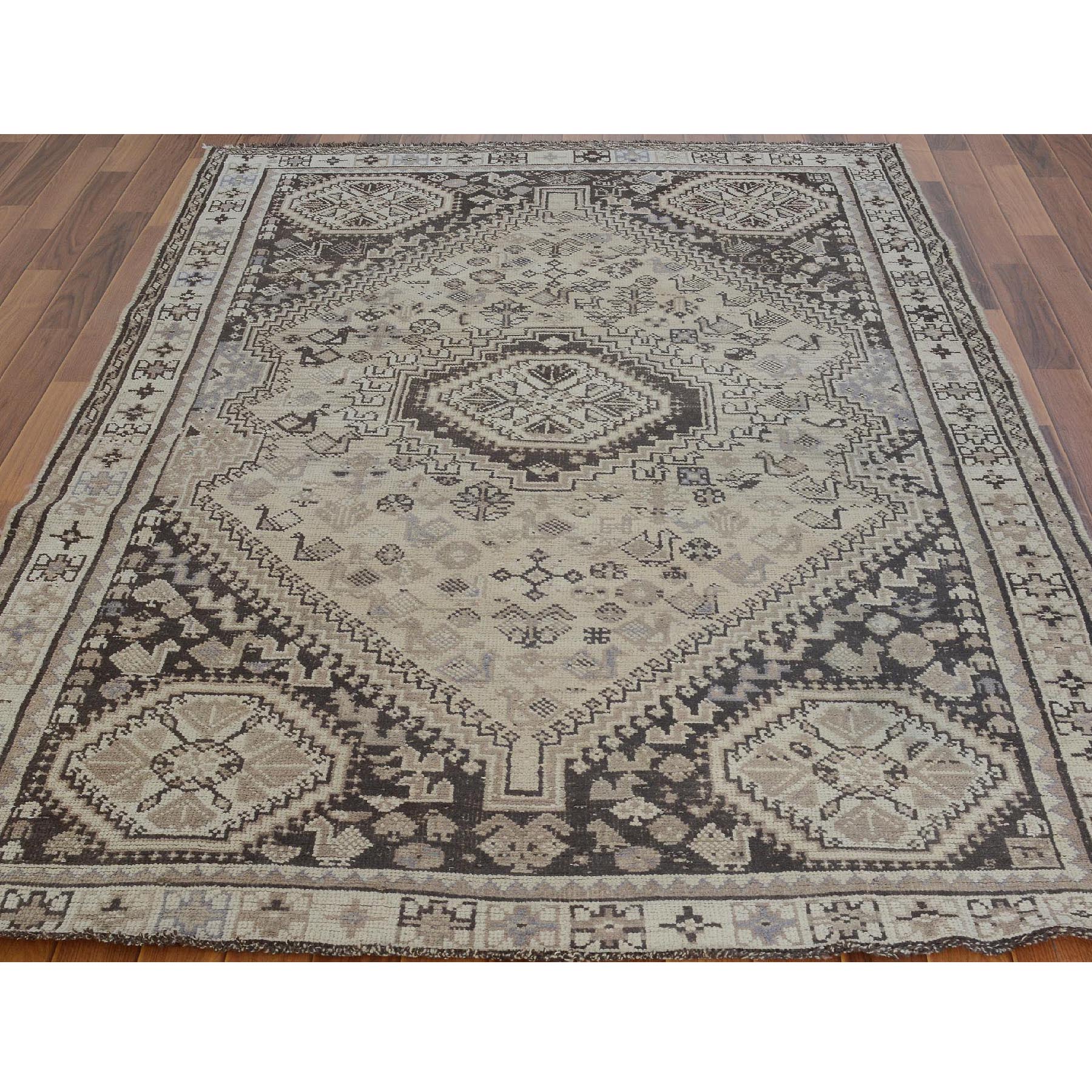 5-2 x8- Beige Worn Down Vintage Persian Shiraz Pure Wool Hand Knotted Oriental Rug 