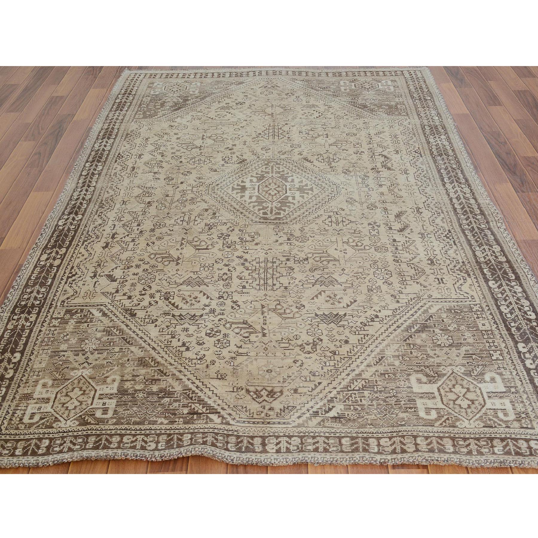 5-4 x8-7  Earth Tones Vintage and Worn Down Persian Qashqai Pure Wool Hand Knotted Oriental Rug 