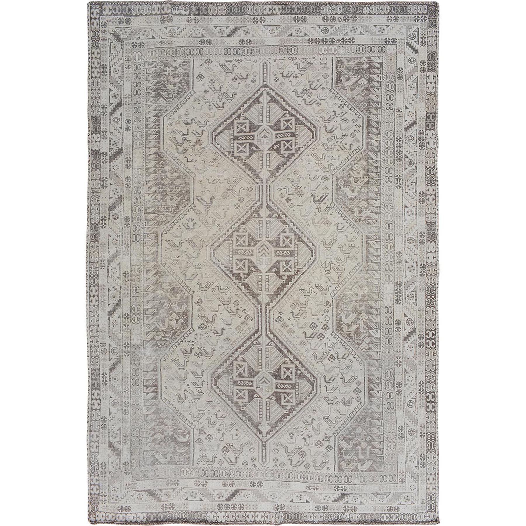 6'10"X9'6" Ivory Faded Vintage Persian Qashqai Worn Down Hand Knotted Oriental Rug moae7bea