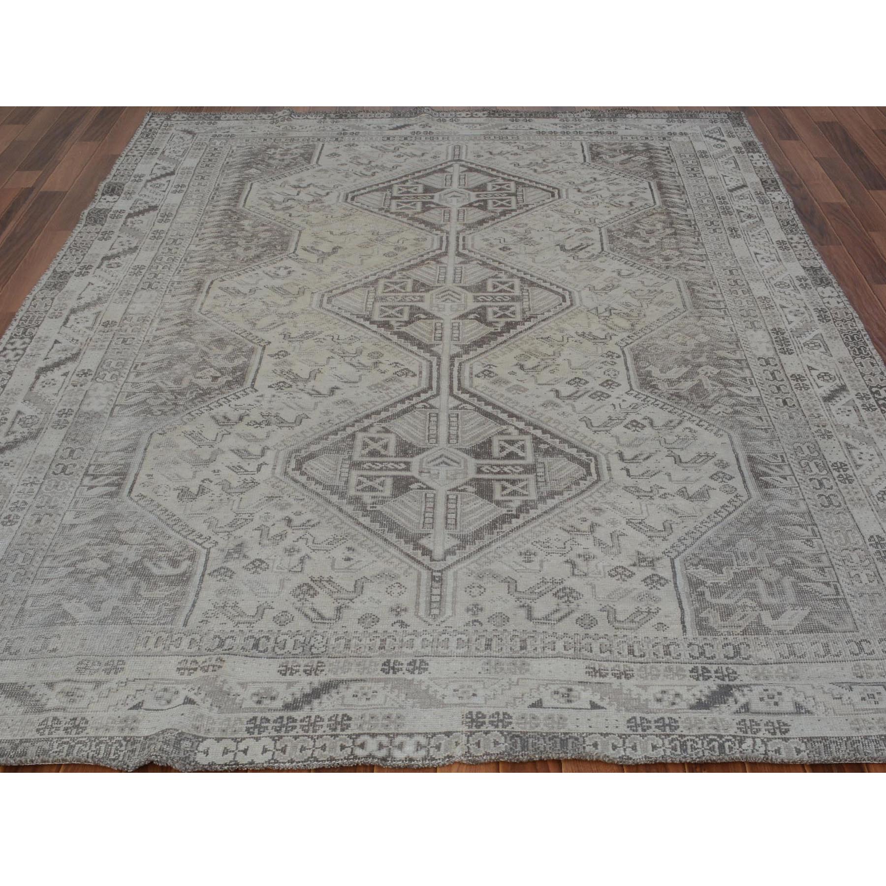 6-10 x9-6  Ivory Faded Vintage Persian Qashqai Worn Down Hand Knotted Oriental Rug 