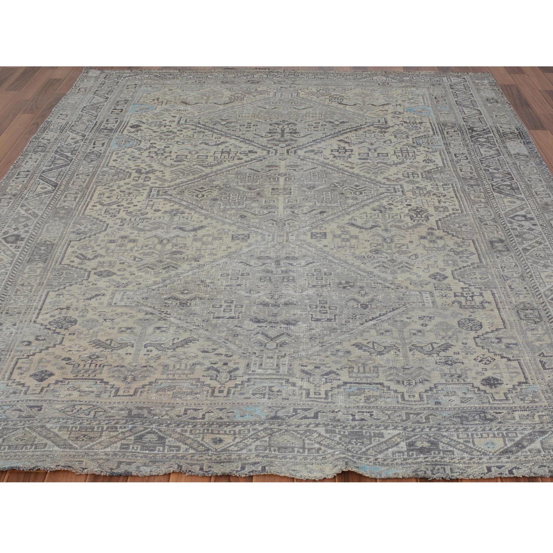 7-1 x9-7  Beige Vintage and Worn Down Persian Qashqai Pure Wool Hand Knotted Oriental Rug 