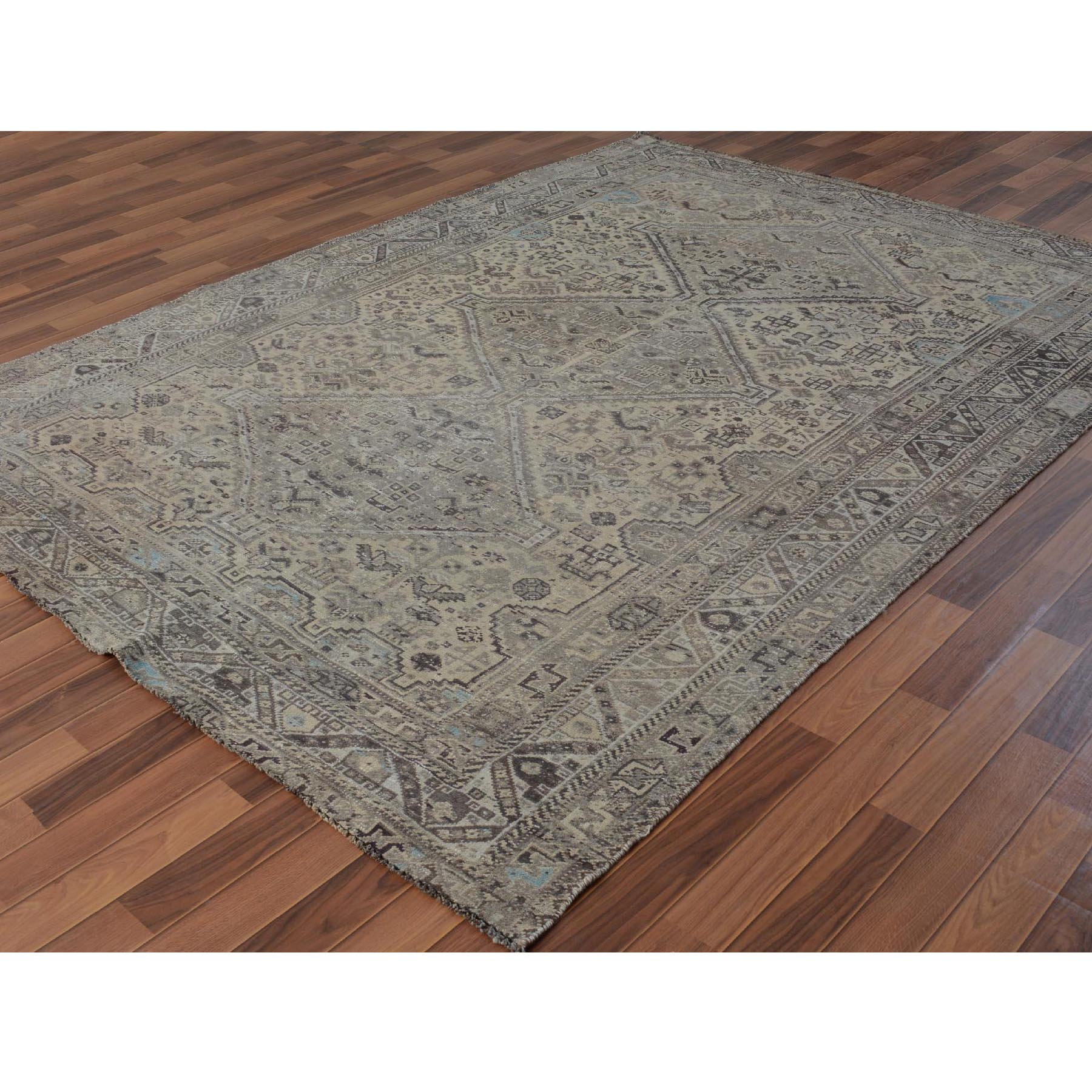 7-1 x9-7  Beige Vintage and Worn Down Persian Qashqai Pure Wool Hand Knotted Oriental Rug 
