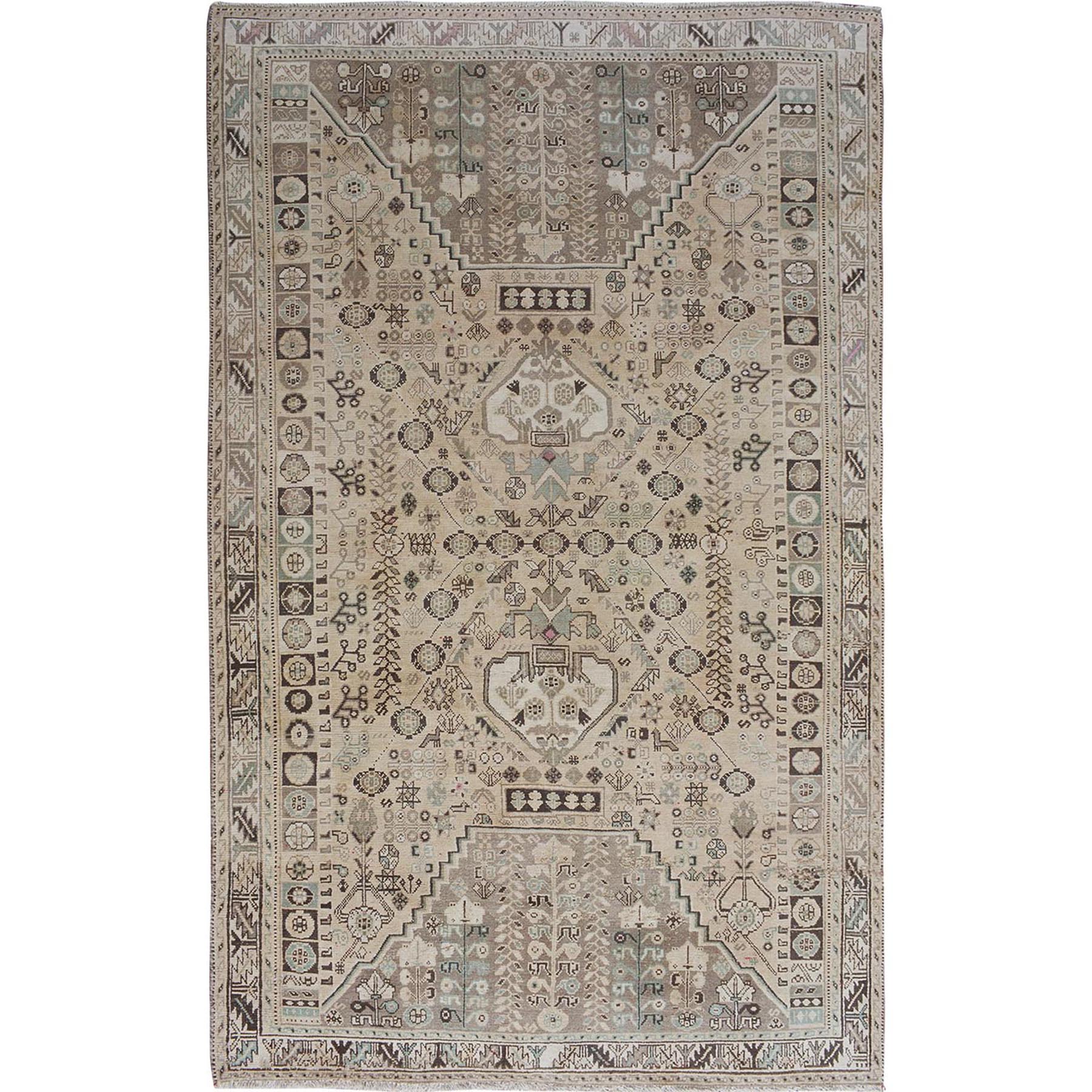 6'4"X9'6" Beige Washed Out Vintage And Worn Down Persian Shiraz Hand Knotted Oriental Rug moae7b60