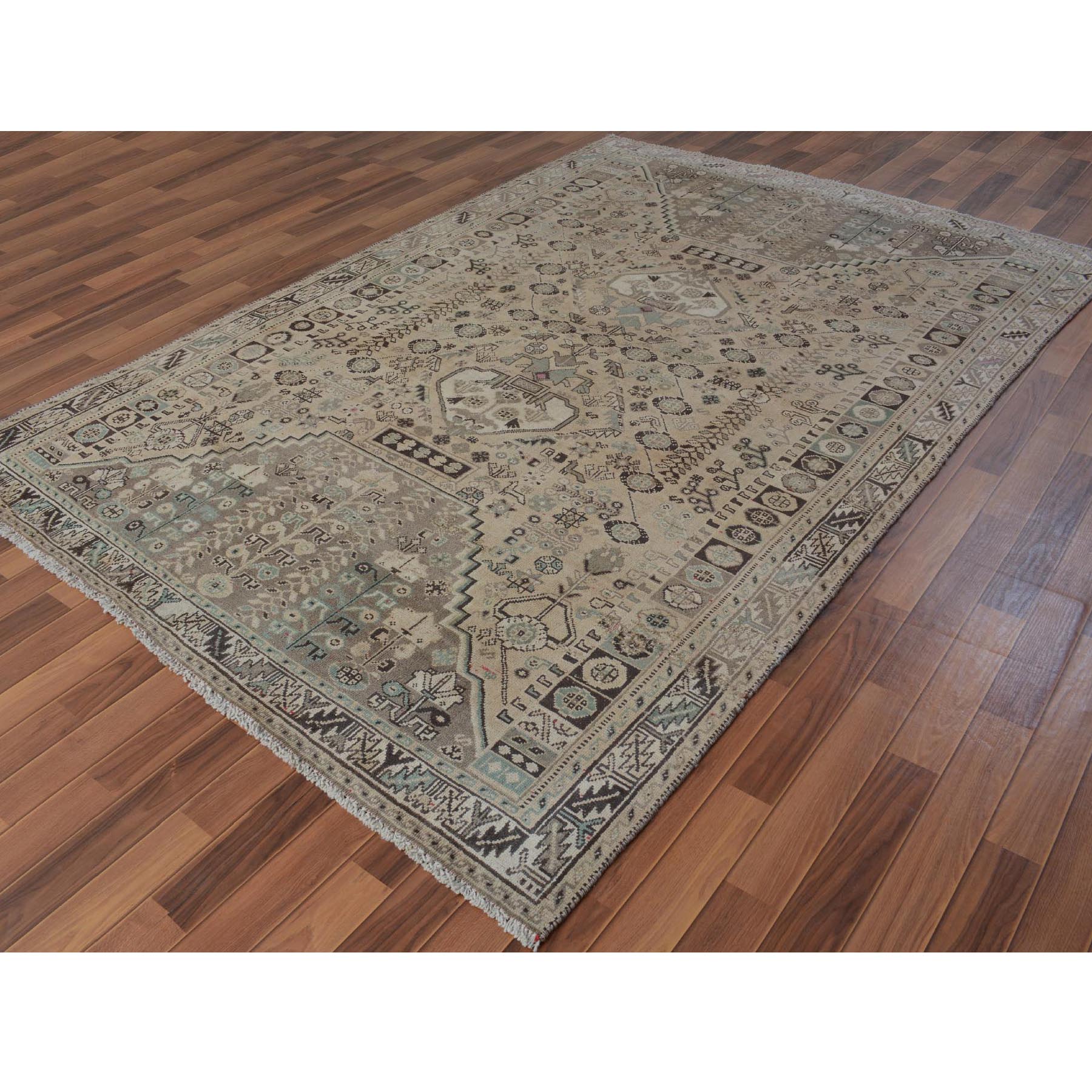 6-4 x9-6  Beige Washed Out Vintage and Worn Down Persian Shiraz Hand Knotted Oriental Rug 