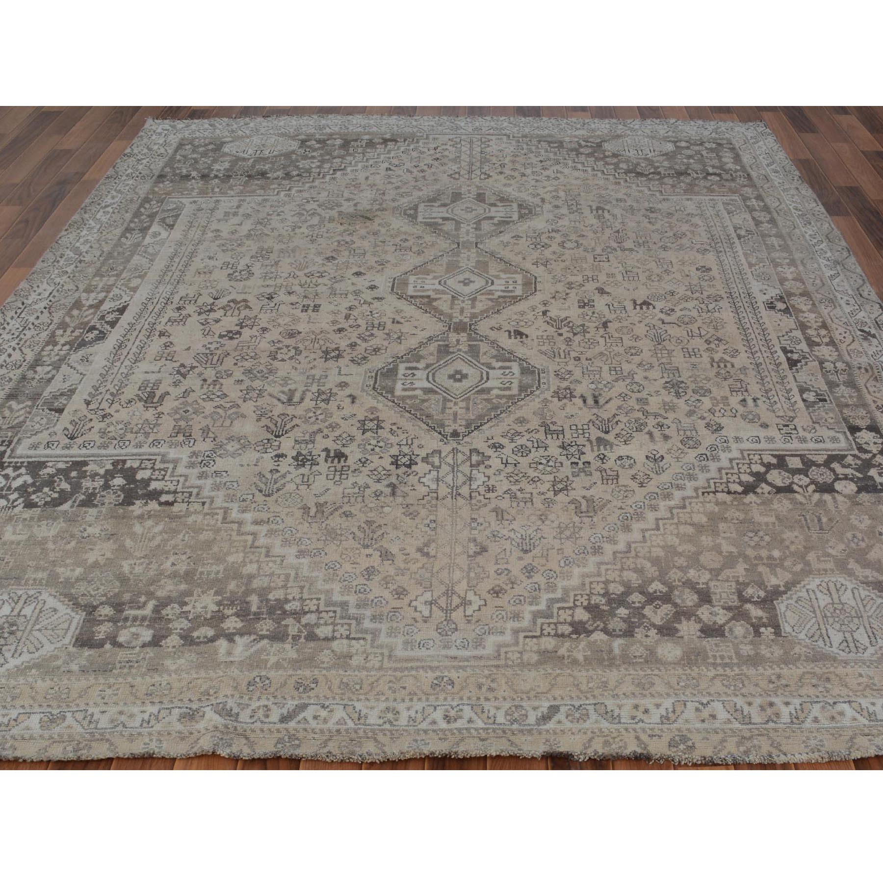 7-5 x10-2  Beige Vintage and Worn Down Persian Qashqai Pure Wool Hand Knotted Oriental Rug 