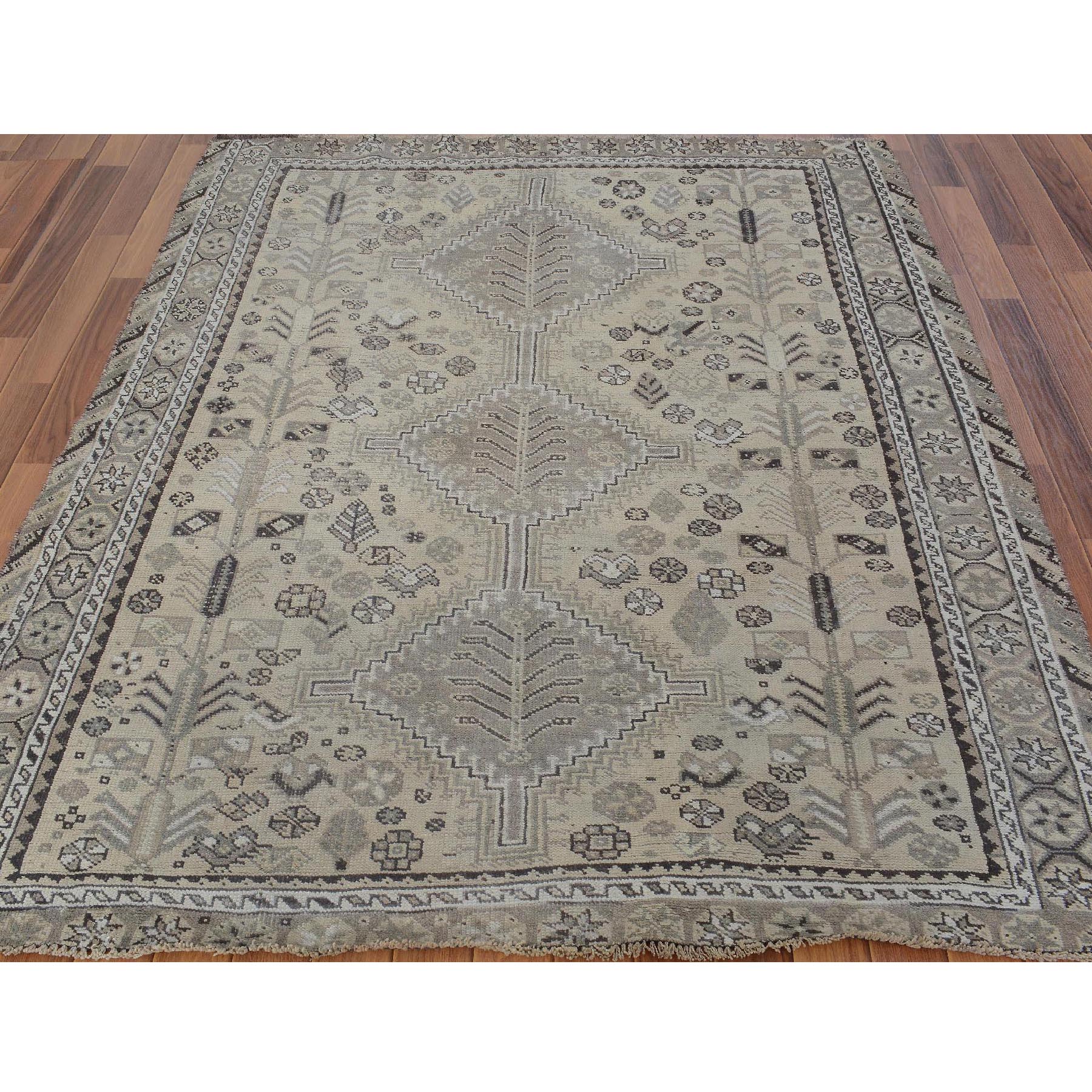 5-5 x6-3  Natural Colors Worn Down Vintage Persian Qashqai Pure Wool Hand Knotted Oriental Rug 