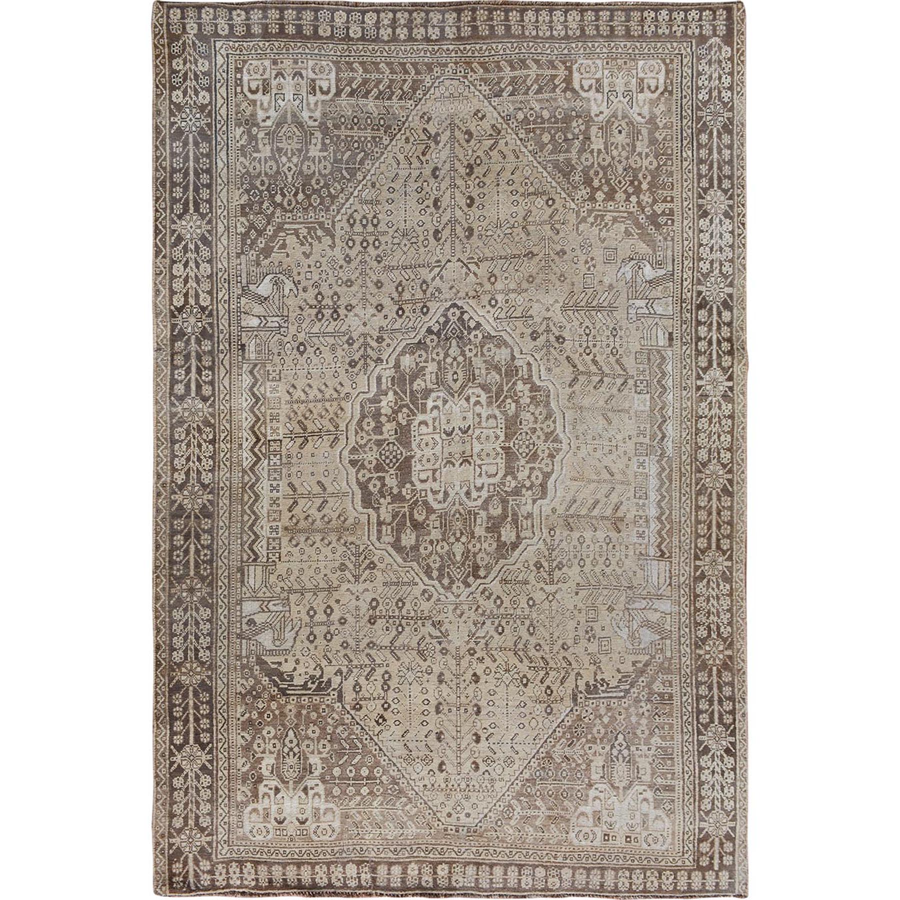 5'2"X7'7" Natural Colors Worn Down Vintage Persian Qashqai Pure Wool Hand Knotted Oriental Rug moae7b8d