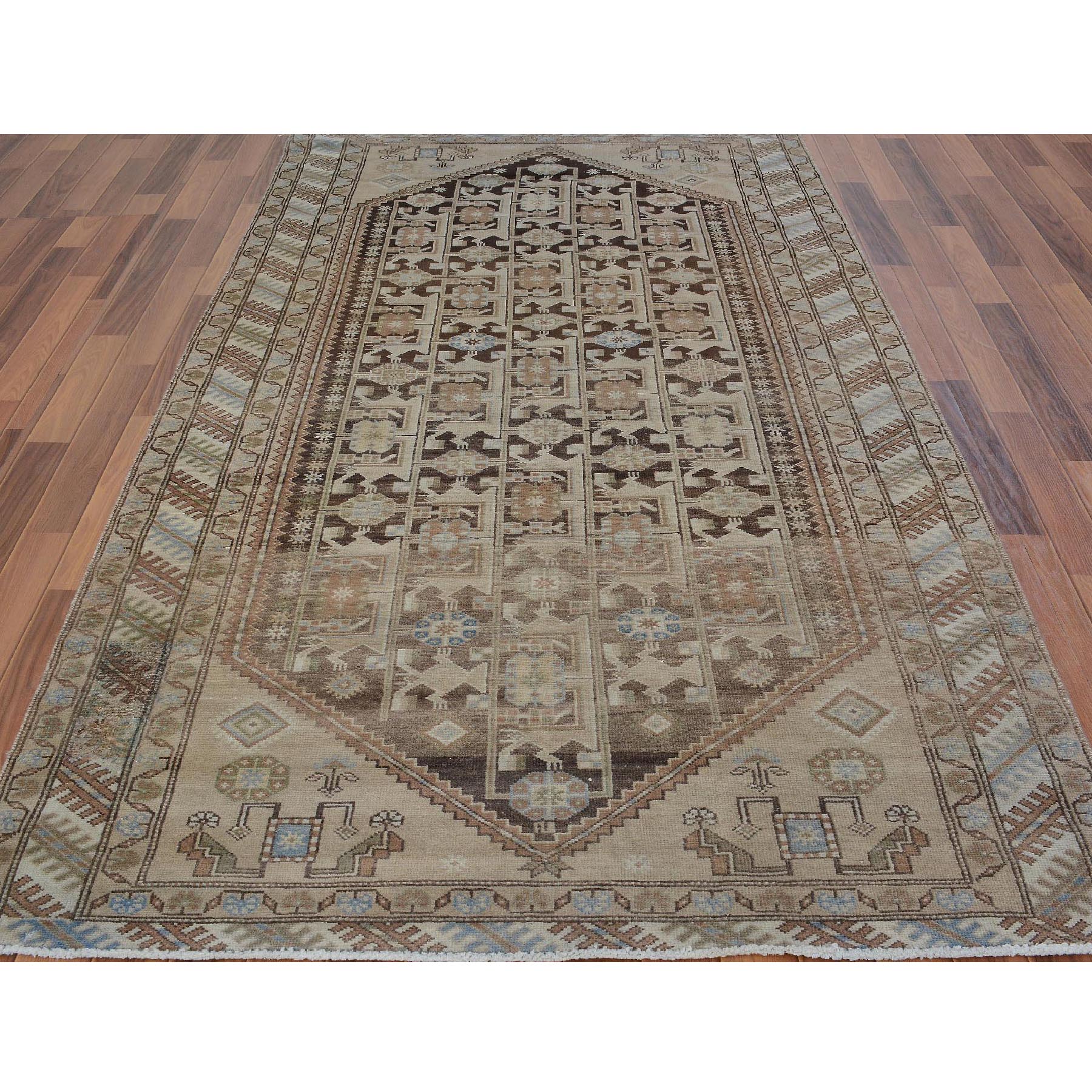 5-x9-4  Earth Tones Colors Worn Down Vintage Persian Qashqai Pure Wool Hand Knotted Oriental Rug 