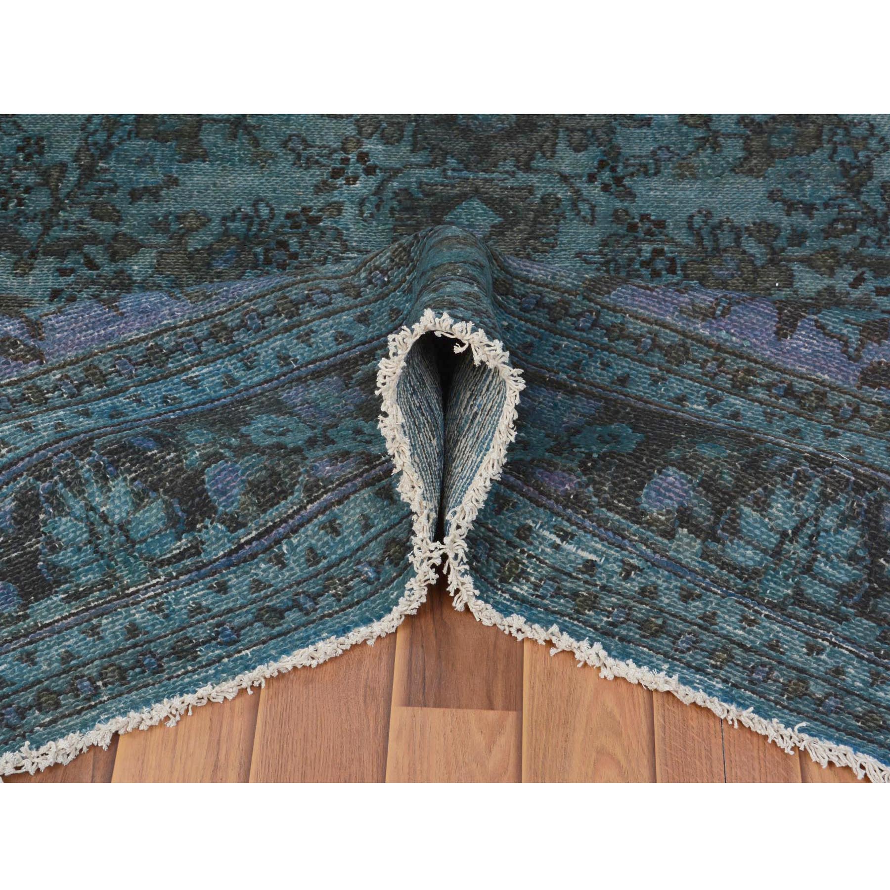 6-5 x9-6  Teal Overdyed Vintage and Worn Down Persian Hamadan Hand Knotted Pure Wool Oriental Rug 