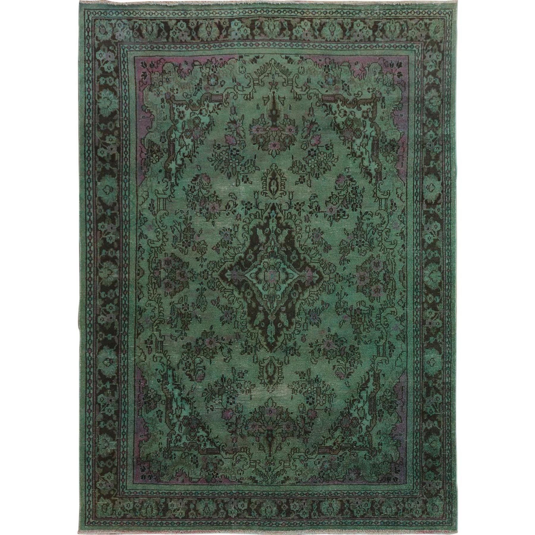 6'8"X9'9" Green Overdyed Vintage Bibikabad Persian Worn Down Hand Knotted Oriental Rug moae7ce8