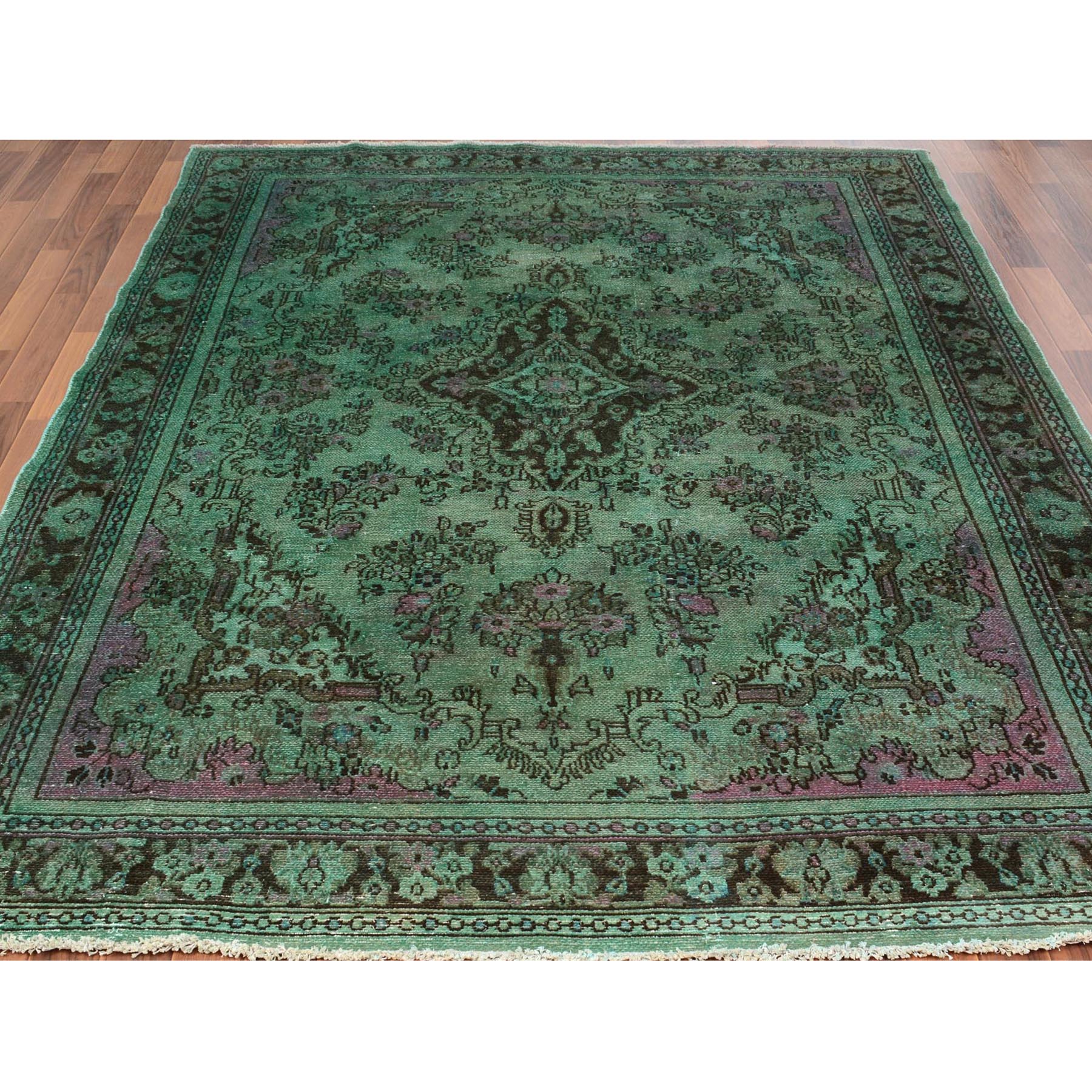 6-8 x9-9  Green Overdyed Vintage Bibikabad Persian Worn Down Hand Knotted Oriental Rug 