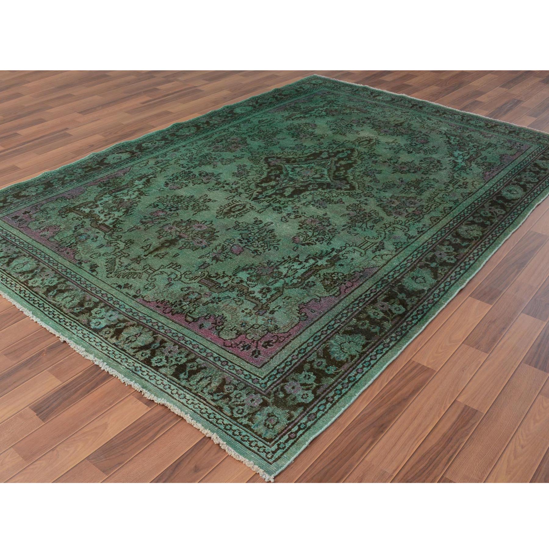 6-8 x9-9  Green Overdyed Vintage Bibikabad Persian Worn Down Hand Knotted Oriental Rug 