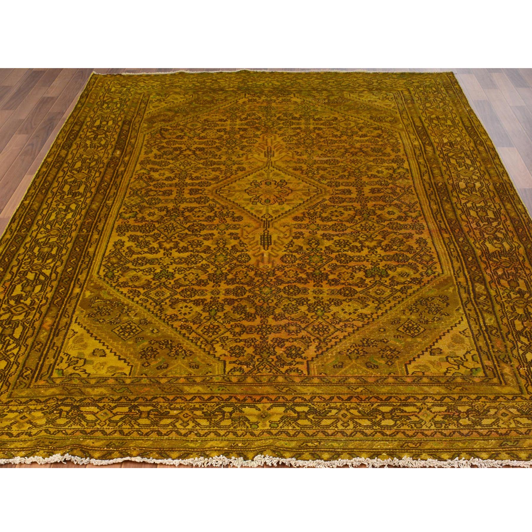 6-10 x10-3  Yellow Overdyed Vintage Bibikabad Persian Worn Down Hand Knotted Pure Wool Oriental Rug 