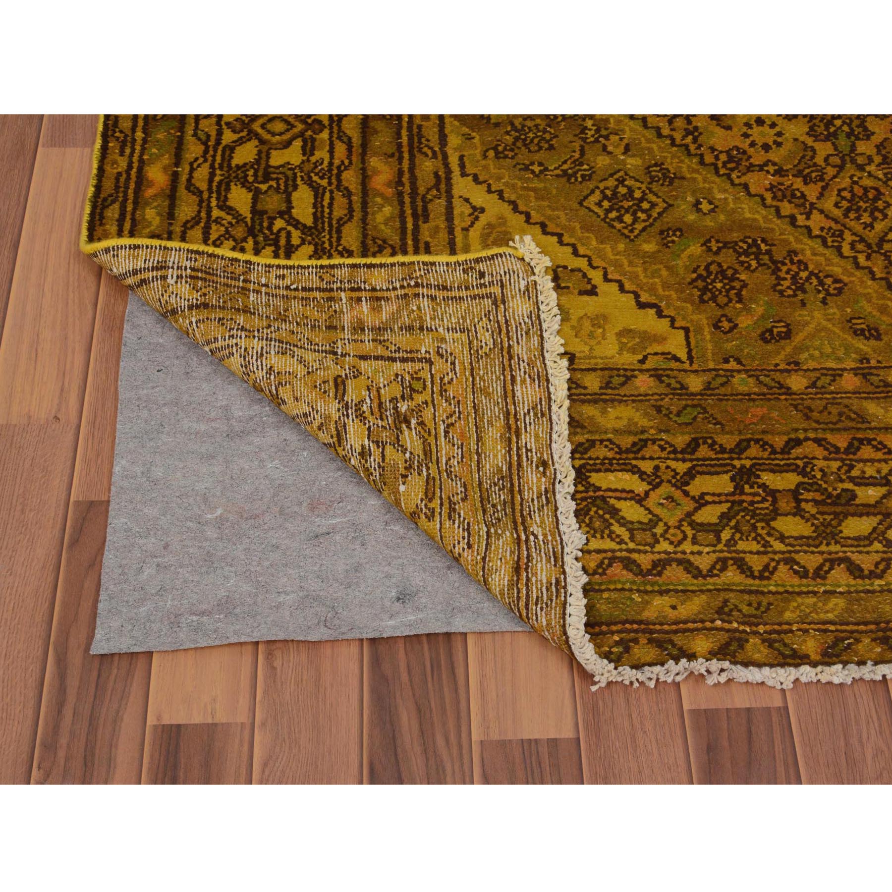 6-10 x10-3  Yellow Overdyed Vintage Bibikabad Persian Worn Down Hand Knotted Pure Wool Oriental Rug 