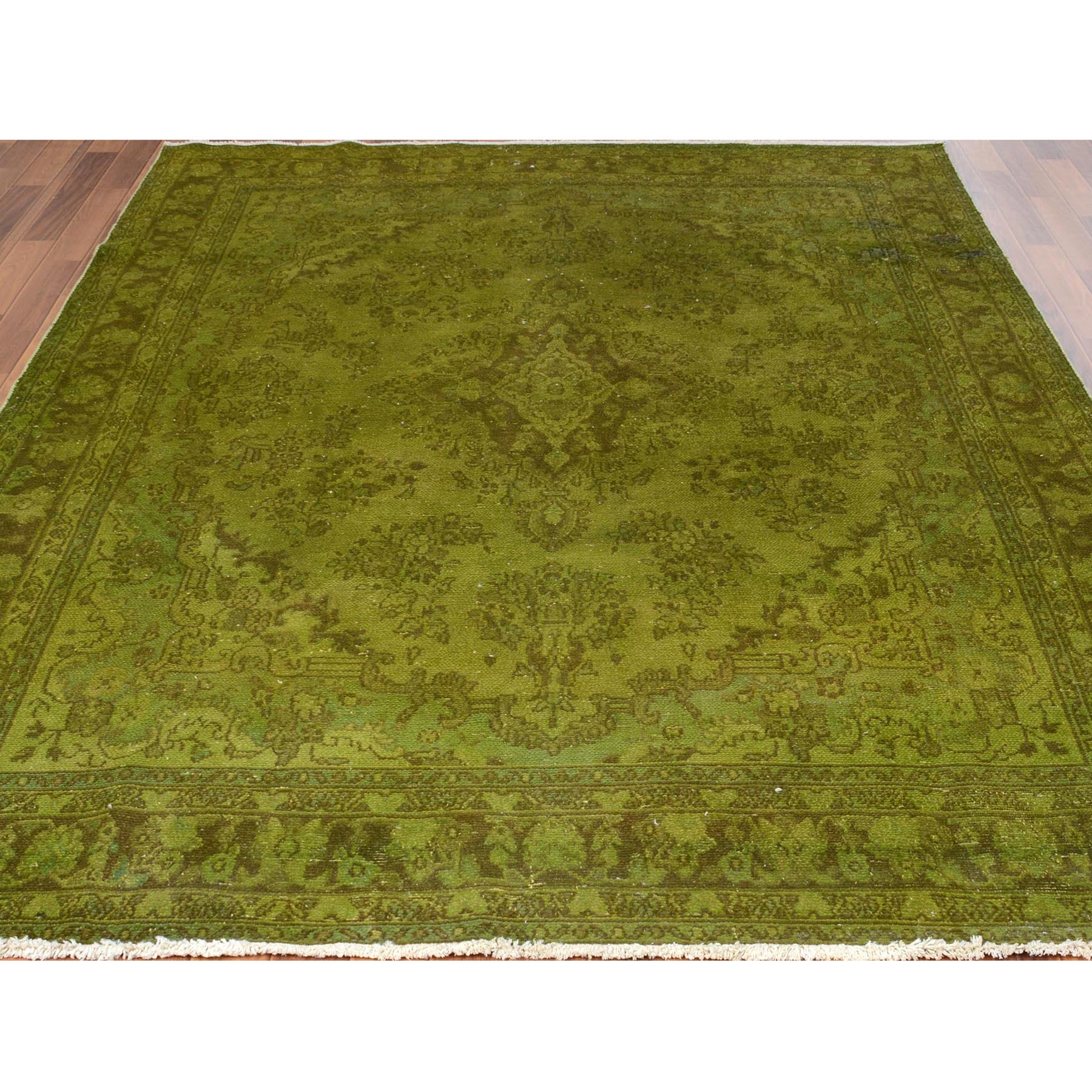 6-10 x10- Green Overdyed and Vintage Worn Down Persian Bibikabad Hand Knotted Oriental Rug 