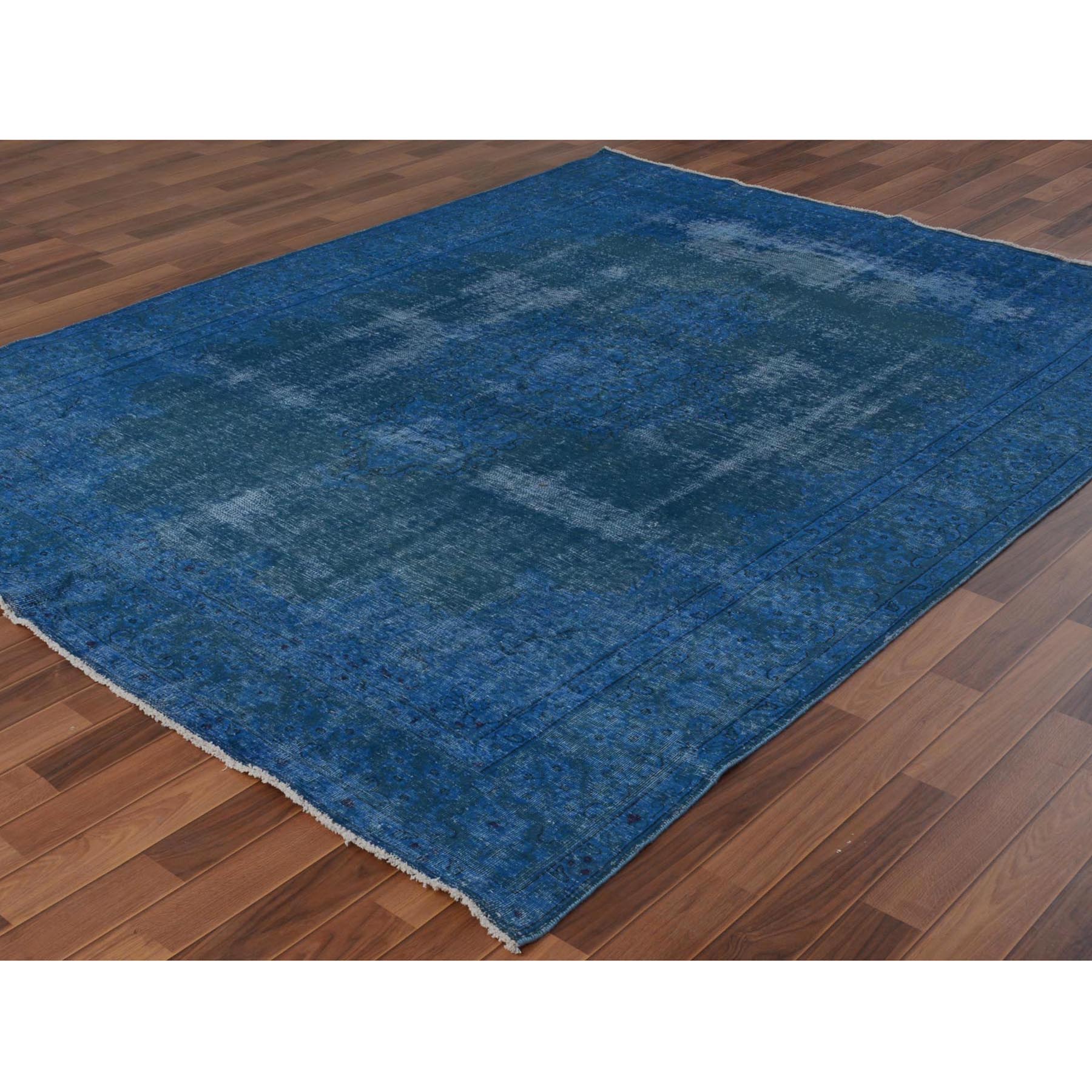 7-x9-3  Blue Overdyed Clean Worn Down Vintage Persian Kerman Pure Wool Hand Knotted Oriental Rug 