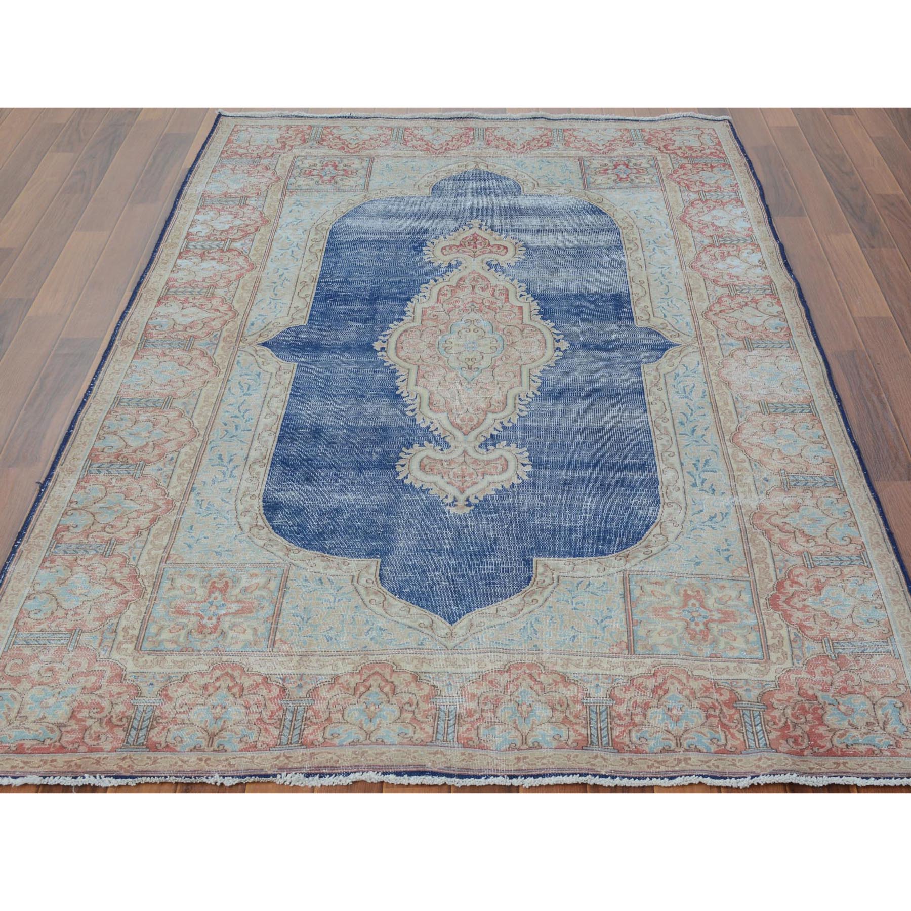 4-10 x7-9  Navy Blue Worn Down and Vintage Clean Persian Kerman Pure Wool Hand Knotted Oriental Rug 