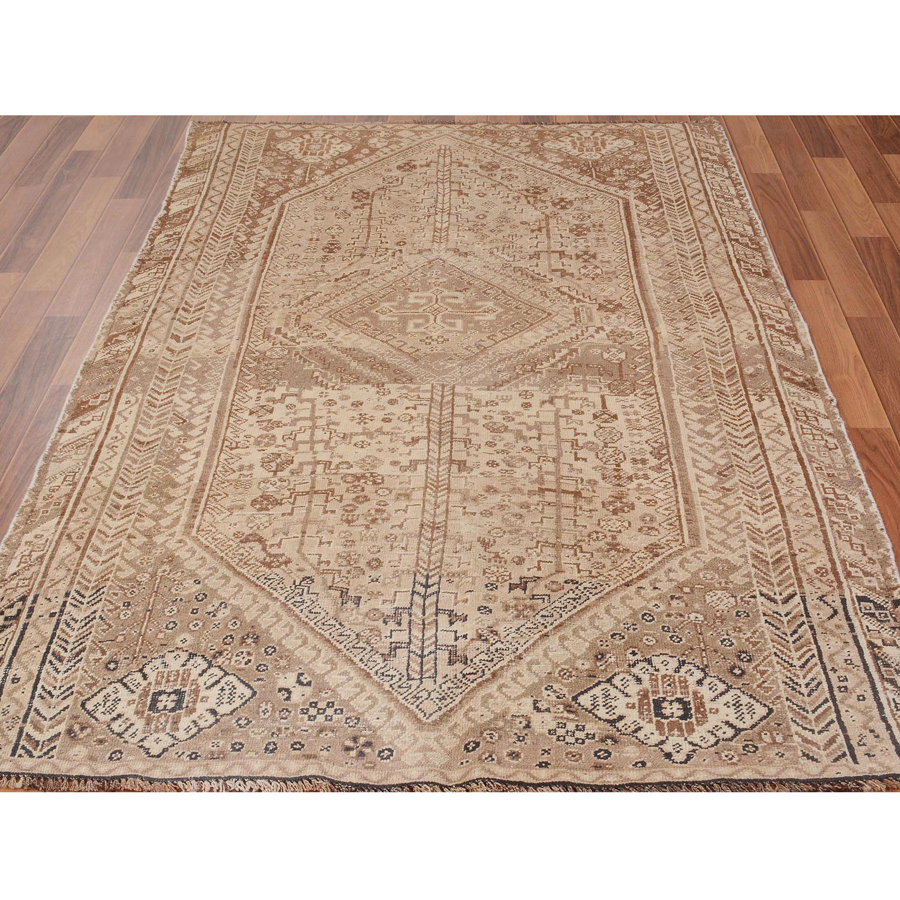 4-9 x7-2  Natural Colors Old and Worn Down Persian Shiraz Hand Knotted Oriental Rug 