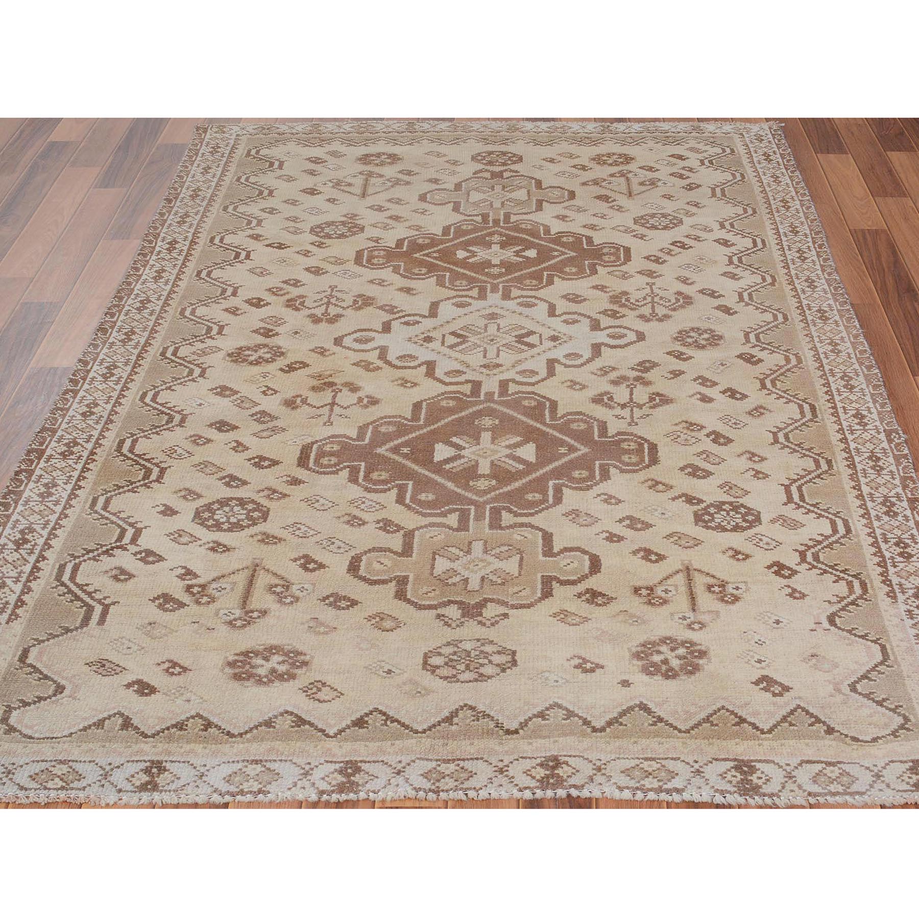 5'x7'5" Earth Tones Vintage and Worn Down Persian Shiraz Clean Pure Wool Distressed Hand Knotted Oriental Rug Sh57616