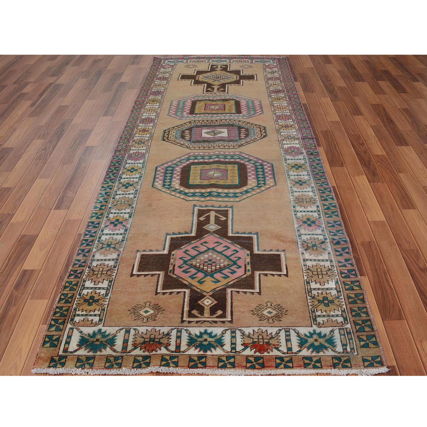 4'1"x10'7" Colorful Vintage and Worn Down Persian Karabakh Distressed Hand Knotted Runner Oriental Rug Sh57631