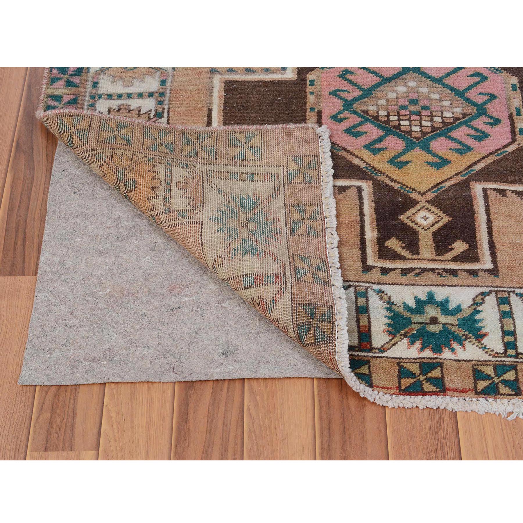 4'1"x10'7" Colorful Vintage and Worn Down Persian Karabakh Distressed Hand Knotted Runner Oriental Rug Sh57631
