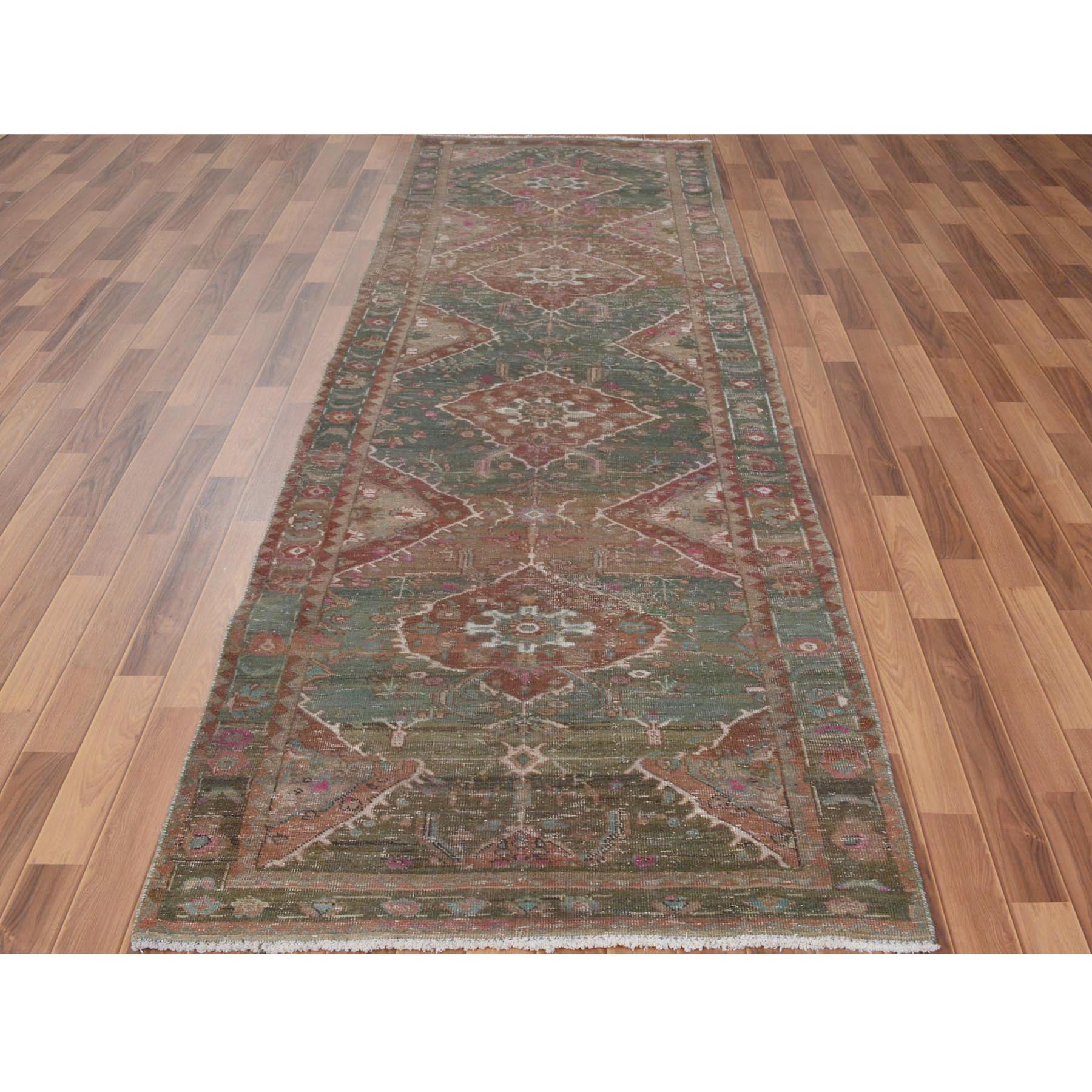 3'7"x12'3" Green Vintage and Worn Down Persian Heriz Distressed Hand Knotted Runner Pure Wool Oriental Rug Sh57646