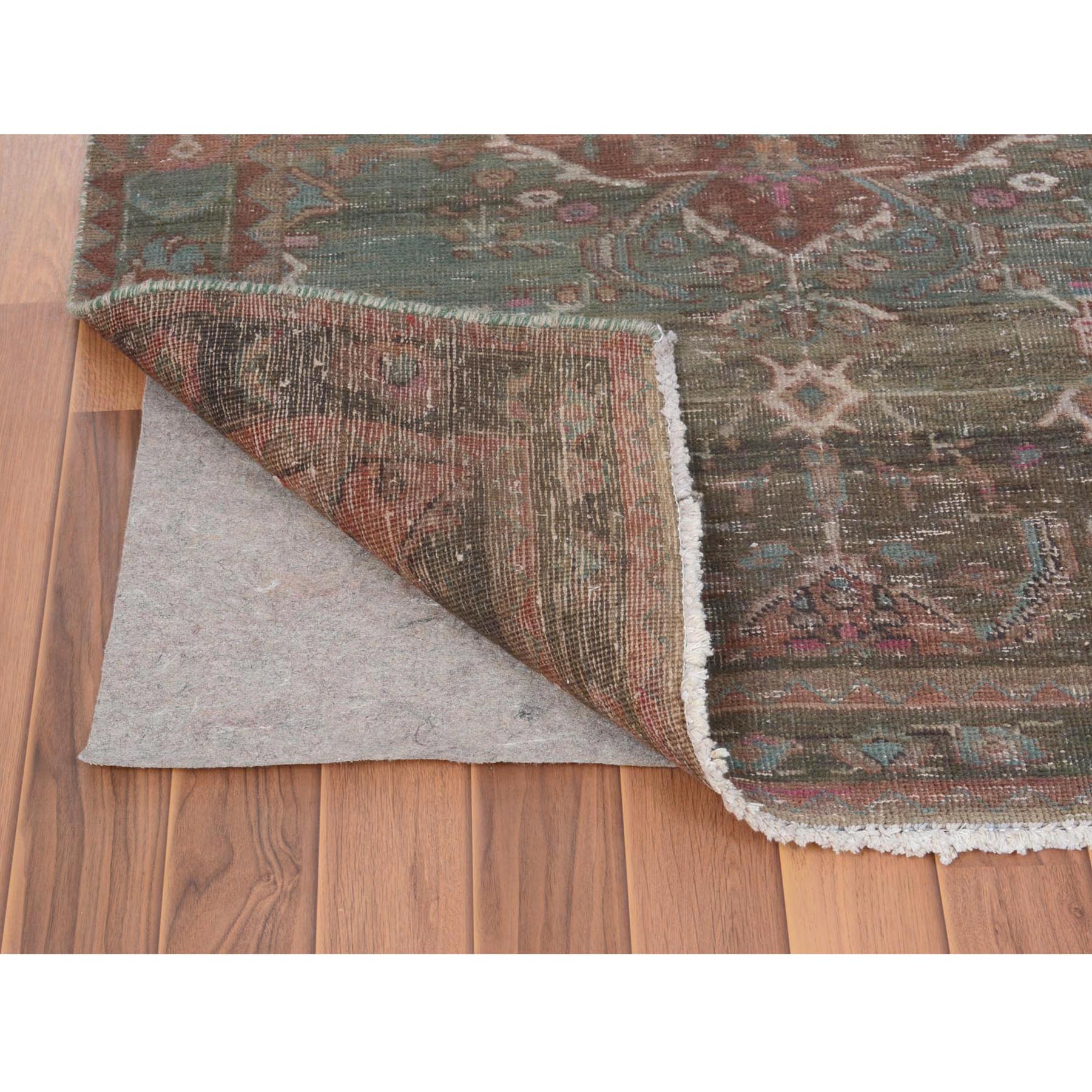 3'7"x12'3" Green Vintage and Worn Down Persian Heriz Distressed Hand Knotted Runner Pure Wool Oriental Rug Sh57646