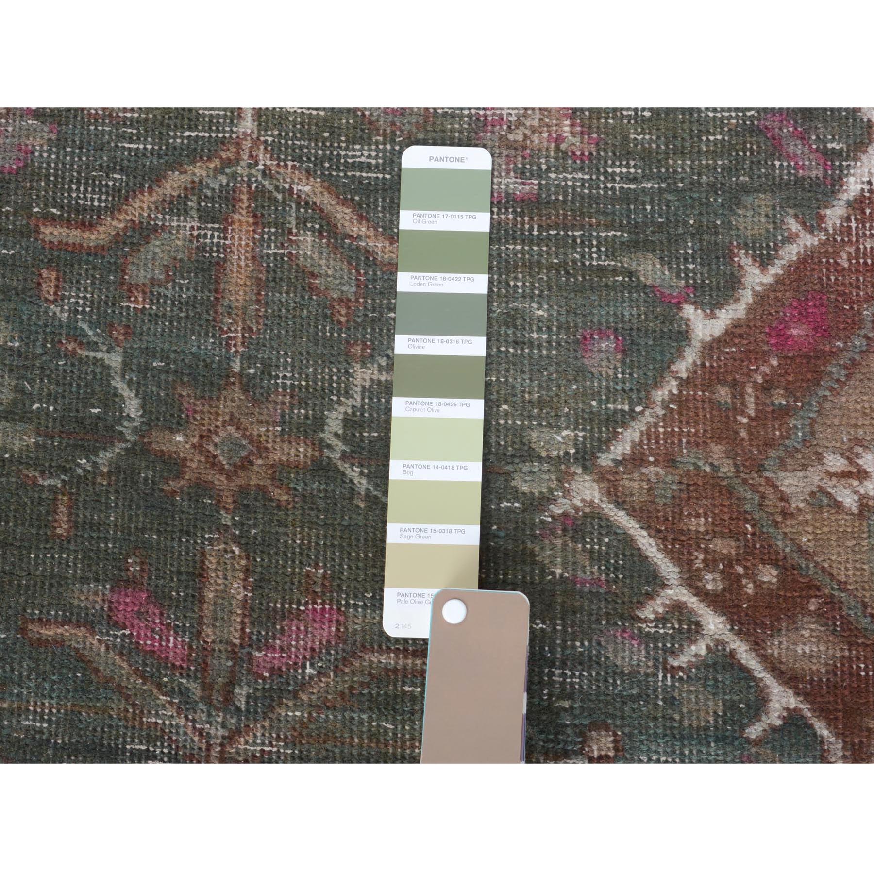 3'7"x12'3" Green Vintage and Worn Down Persian Heriz Distressed Hand Knotted Runner Pure Wool Oriental Rug Sh57646