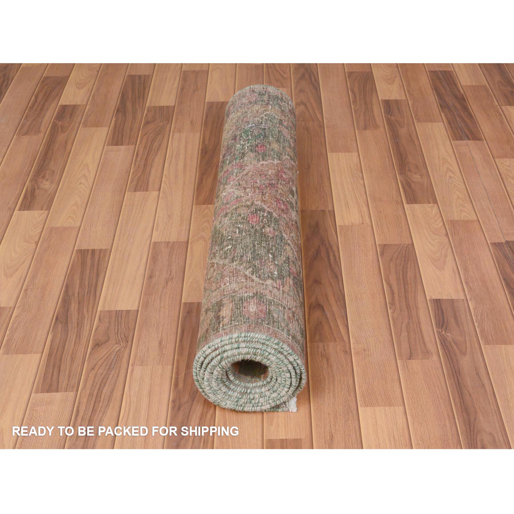 3'7"x12'3" Green Vintage and Worn Down Persian Heriz Distressed Hand Knotted Runner Pure Wool Oriental Rug Sh57646